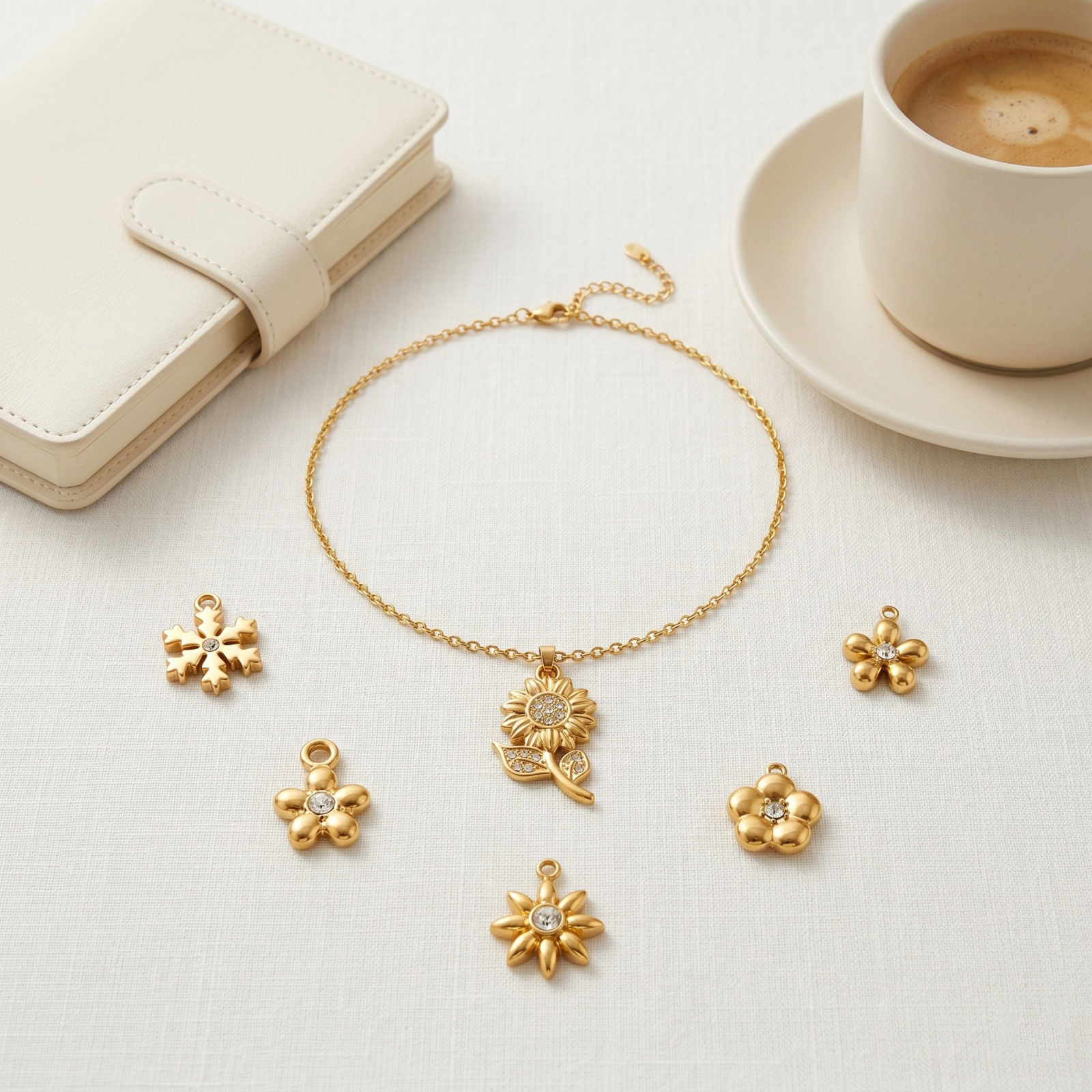 Picture of 5 PCs Eco-friendly PVD Waterproof Anti-Tarnish Hypoallergenic 304 Stainless Steel Charms Wholesale 18K Real Gold Plated Flower Clear Rhinestone