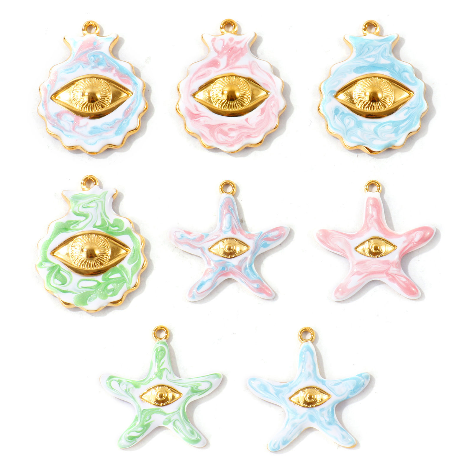 Picture of 2 PCs Eco-friendly PVD Waterproof Anti-Tarnish Hypoallergenic 304 Stainless Steel Charms Wholesale 18K Real Gold Plated Multicolor Enamel Shell Eye Pearlized