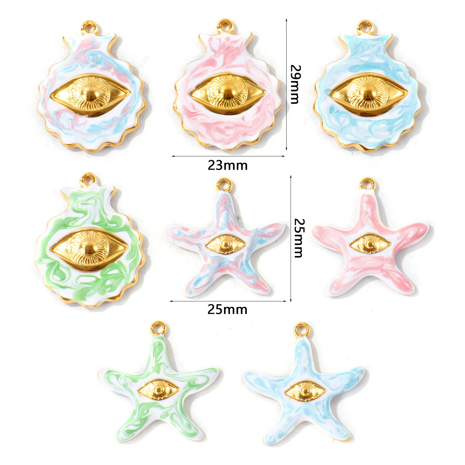 Picture of 2 PCs Eco-friendly PVD Waterproof Anti-Tarnish Hypoallergenic 304 Stainless Steel Charms Wholesale 18K Real Gold Plated Multicolor Enamel Shell Eye Pearlized
