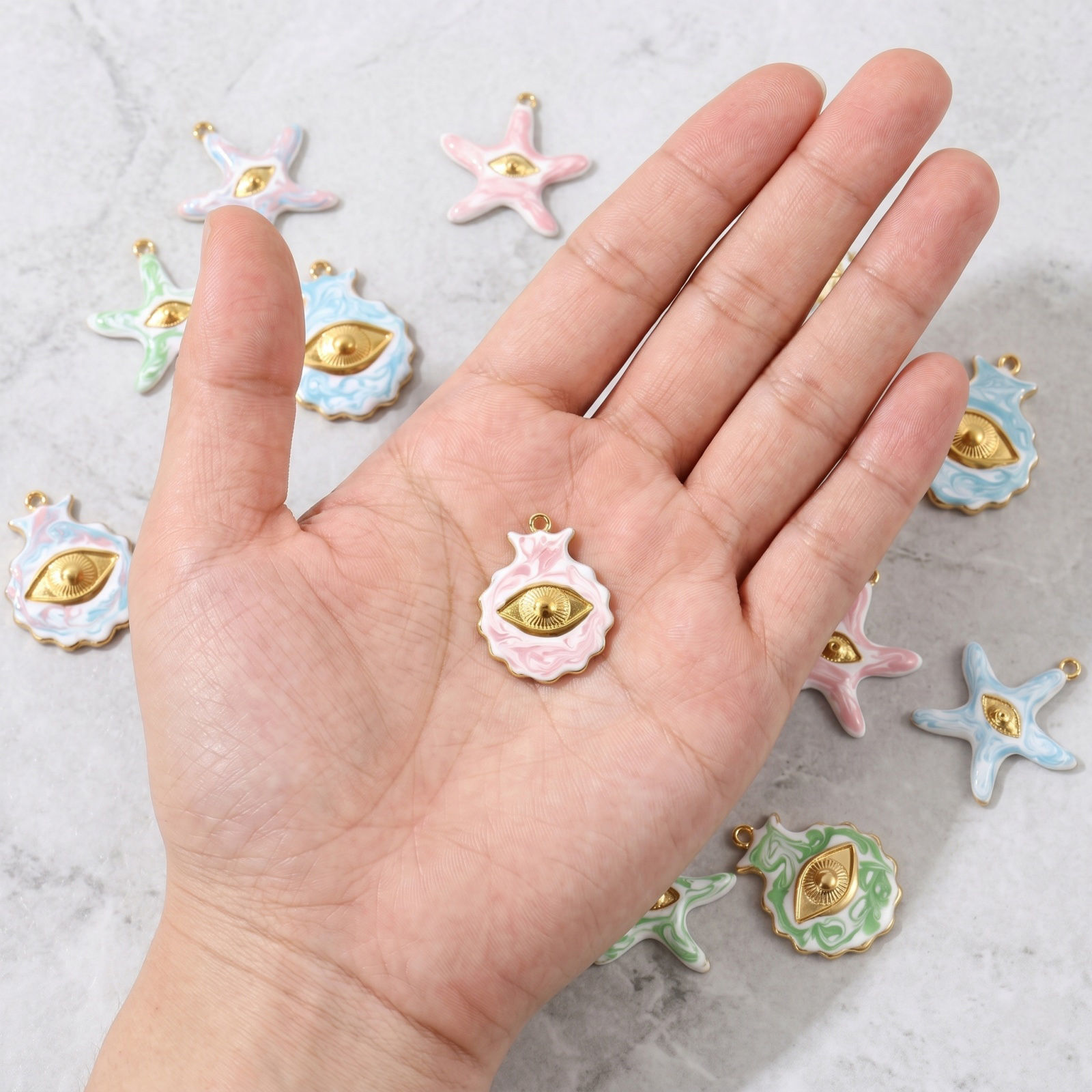 Picture of 2 PCs Eco-friendly PVD Waterproof Anti-Tarnish Hypoallergenic 304 Stainless Steel Charms Wholesale 18K Real Gold Plated Multicolor Enamel Shell Eye Pearlized