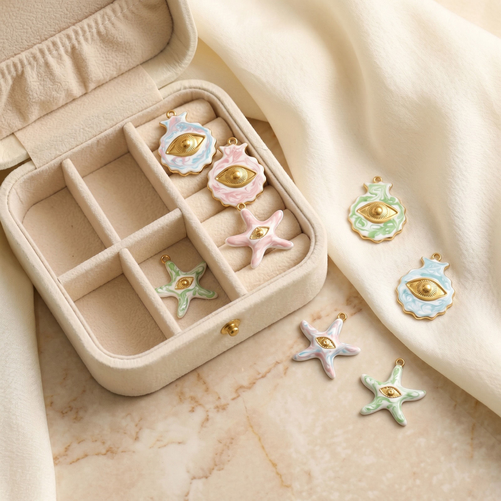 Picture of 2 PCs Eco-friendly PVD Waterproof Anti-Tarnish Hypoallergenic 304 Stainless Steel Charms Wholesale 18K Real Gold Plated Multicolor Enamel Shell Eye Pearlized