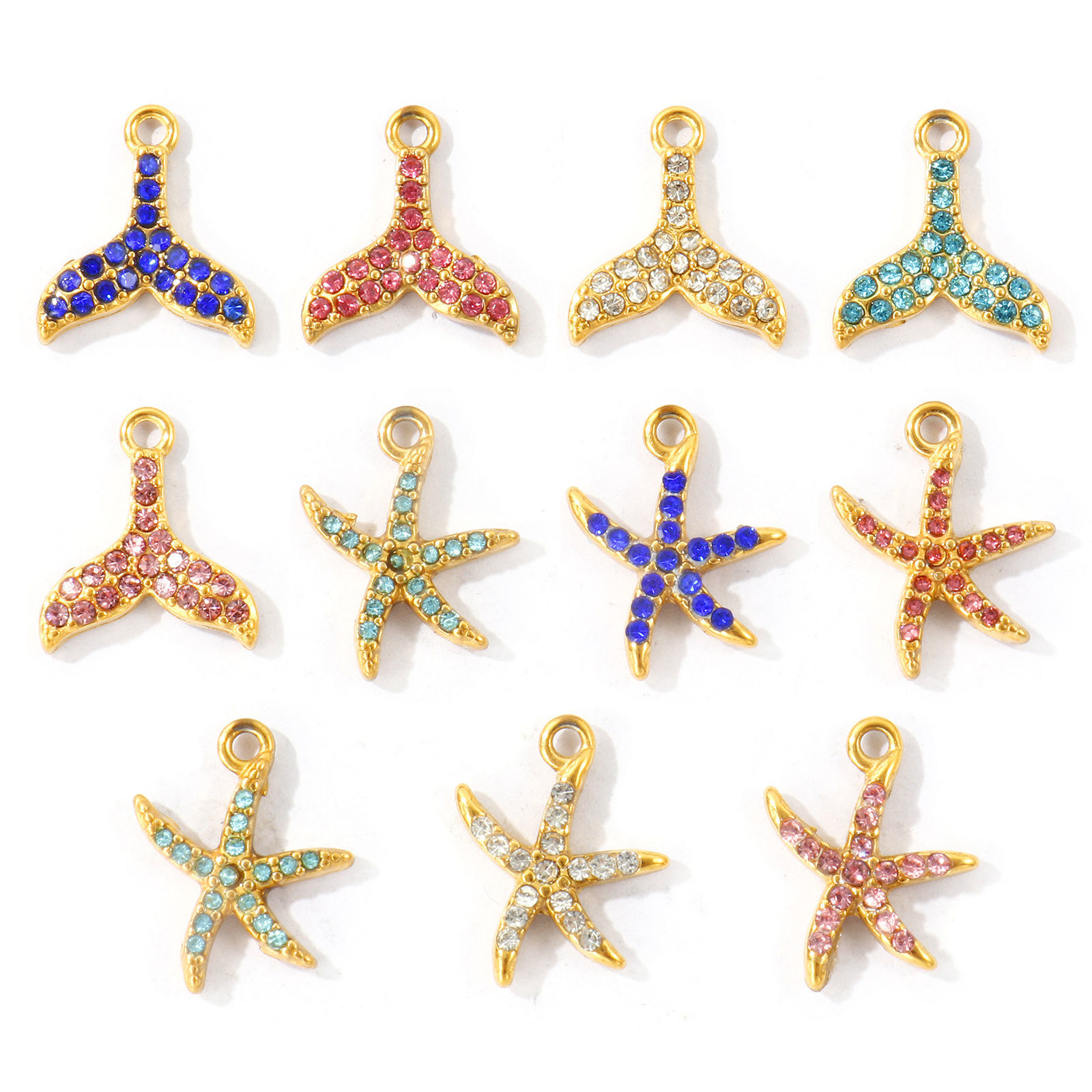 Picture of 2 PCs Eco-friendly PVD 304 Stainless Steel Ocean Jewelry Charms Wholesale 18K Gold Plated Starfish Fishtail Micro Pave Multicolor Rhinestone