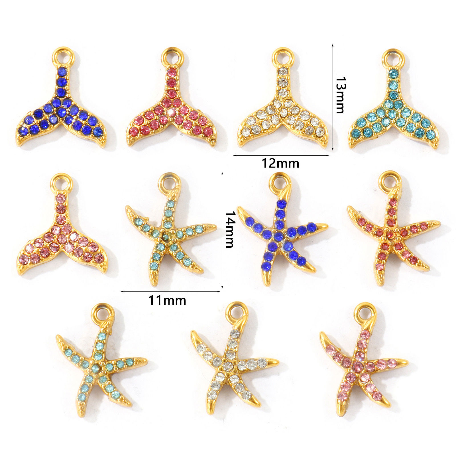 Picture of 2 PCs Eco-friendly PVD 304 Stainless Steel Ocean Jewelry Charms Wholesale 18K Gold Plated Starfish Fishtail Micro Pave Multicolor Rhinestone