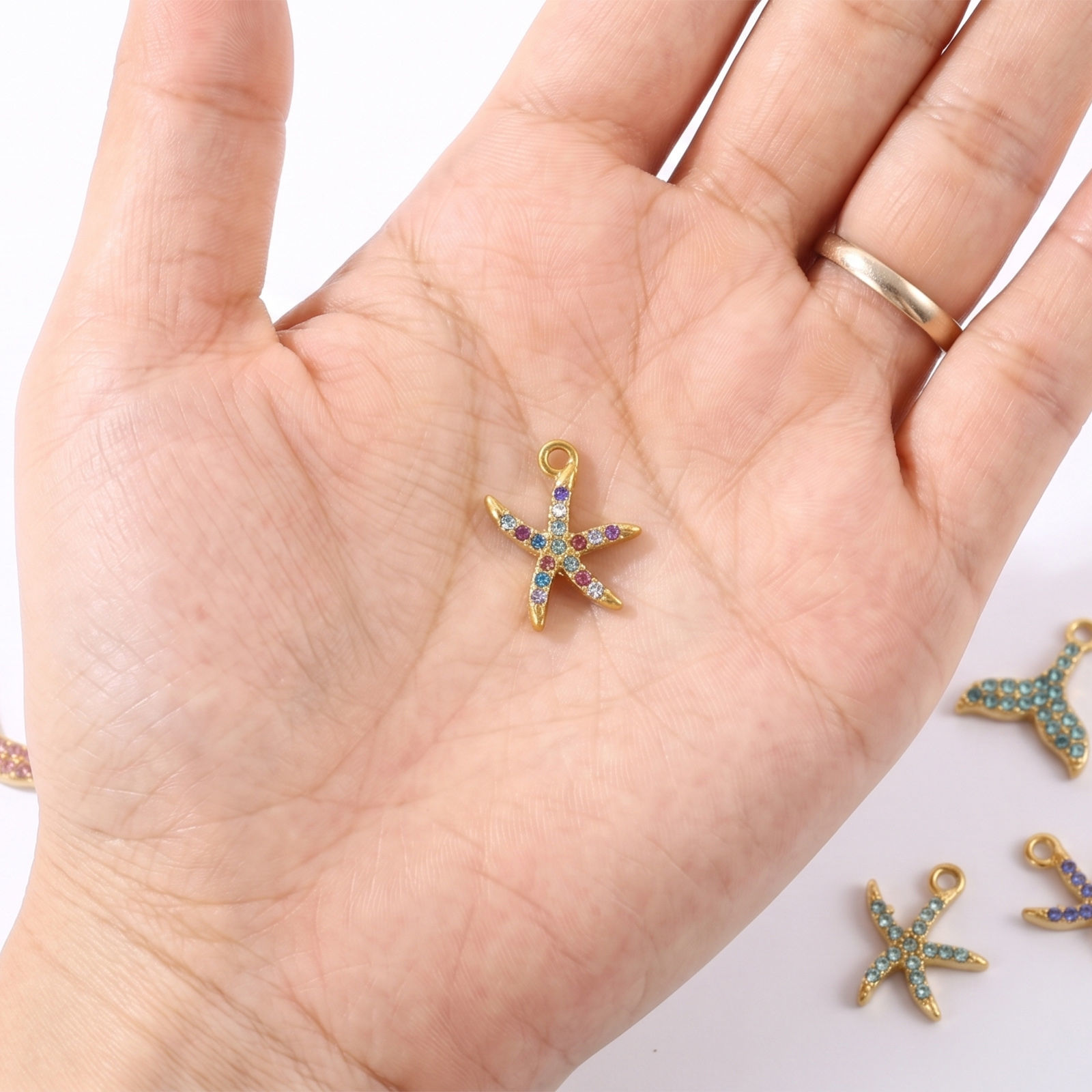 Picture of 2 PCs Eco-friendly PVD 304 Stainless Steel Ocean Jewelry Charms Wholesale 18K Gold Plated Starfish Fishtail Micro Pave Multicolor Rhinestone