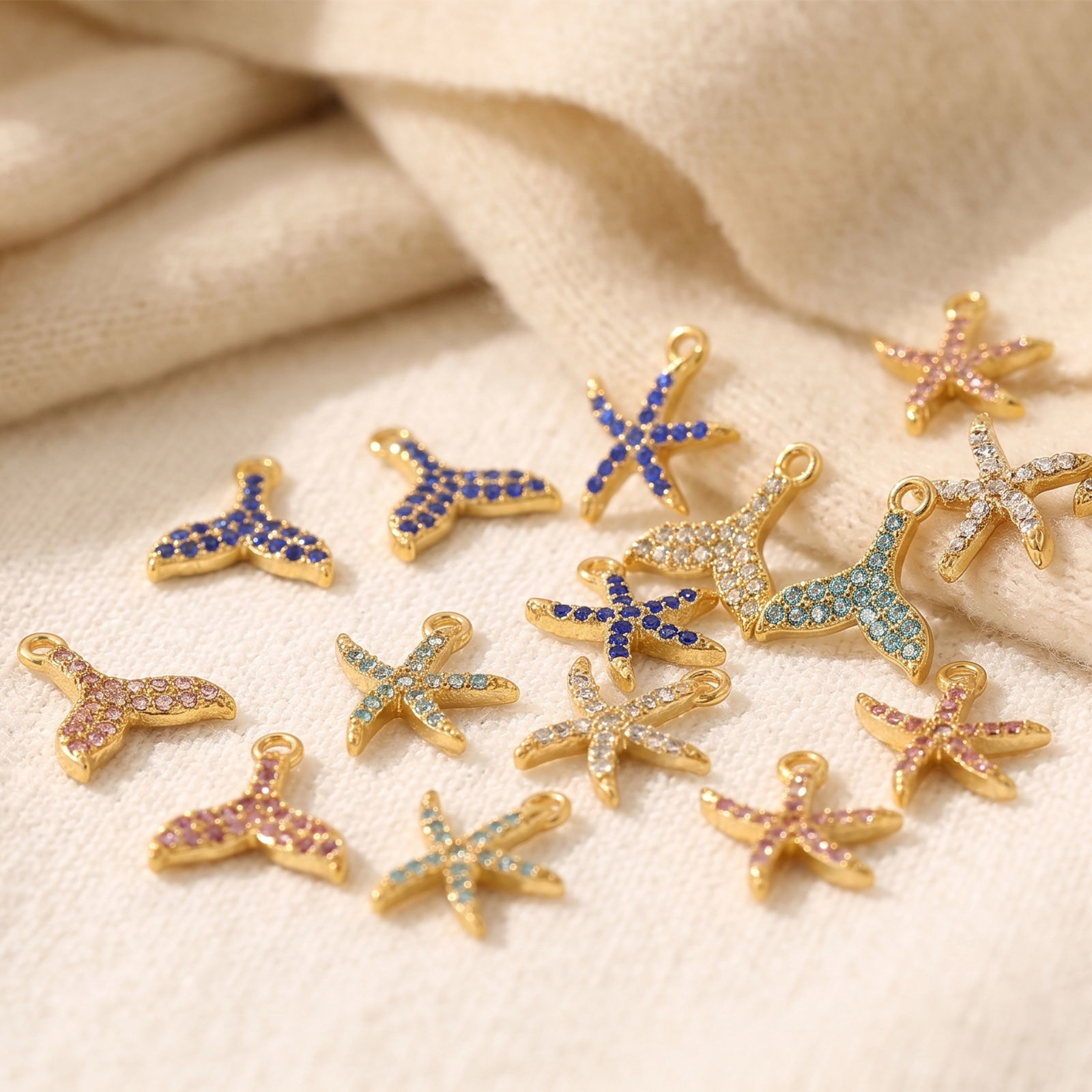Picture of 2 PCs Eco-friendly PVD 304 Stainless Steel Ocean Jewelry Charms Wholesale 18K Gold Plated Starfish Fishtail Micro Pave Multicolor Rhinestone