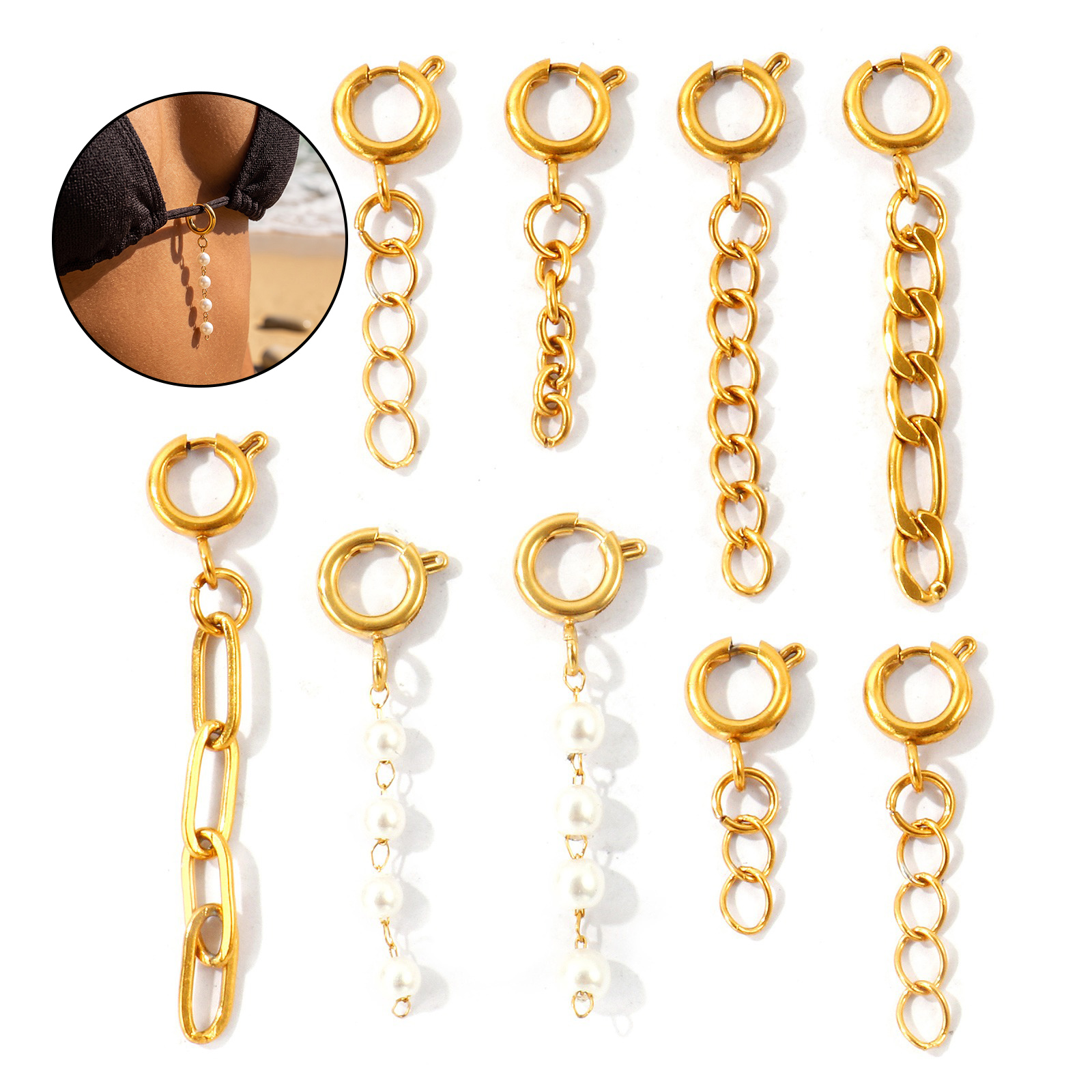 Picture of 2 PCs Eco-friendly PVD Waterproof Anti-Tarnish Hypoallergenic 304 Stainless Steel Bikini Strap Clip On Charms Pendants For Beach Jewelry Making Wholesale 18K Real Gold Plated Link Chain