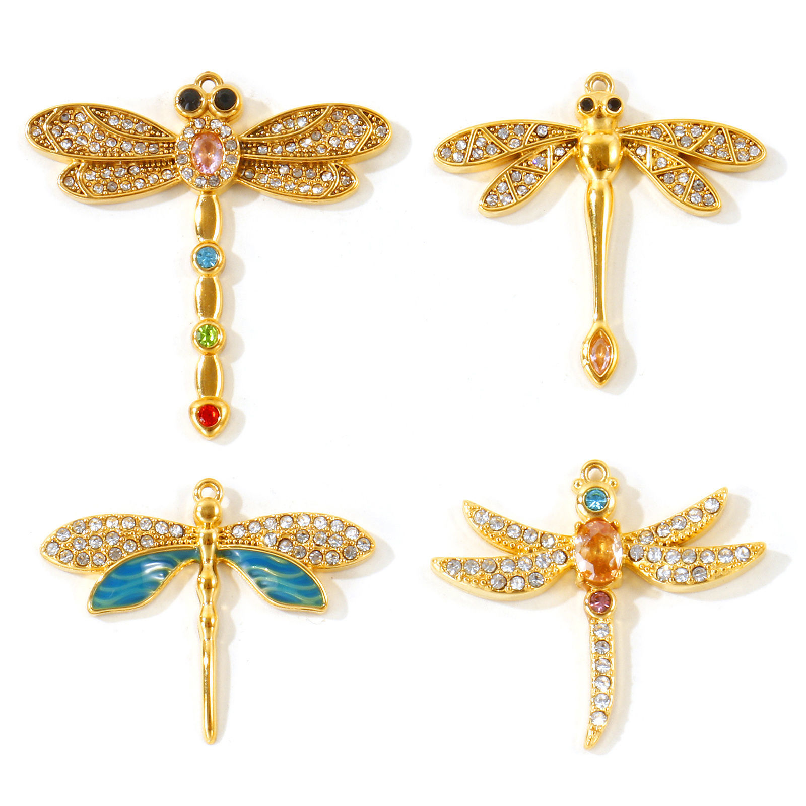 Picture of 1 Piece Eco-friendly PVD Waterproof Anti-Tarnish Hypoallergenic 304 Stainless Steel Insect Charms Wholesale 18K Real Gold Plated Dragonfly Animal Multicolour Cubic Zirconia