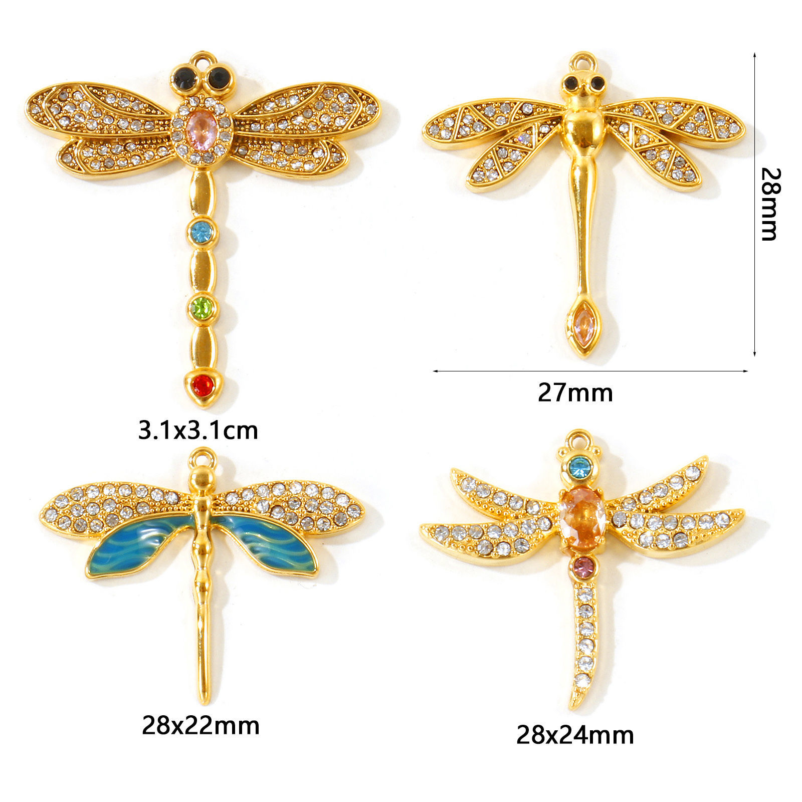 Picture of 1 Piece Eco-friendly PVD Waterproof Anti-Tarnish Hypoallergenic 304 Stainless Steel Insect Charms Wholesale 18K Real Gold Plated Dragonfly Animal Multicolour Cubic Zirconia