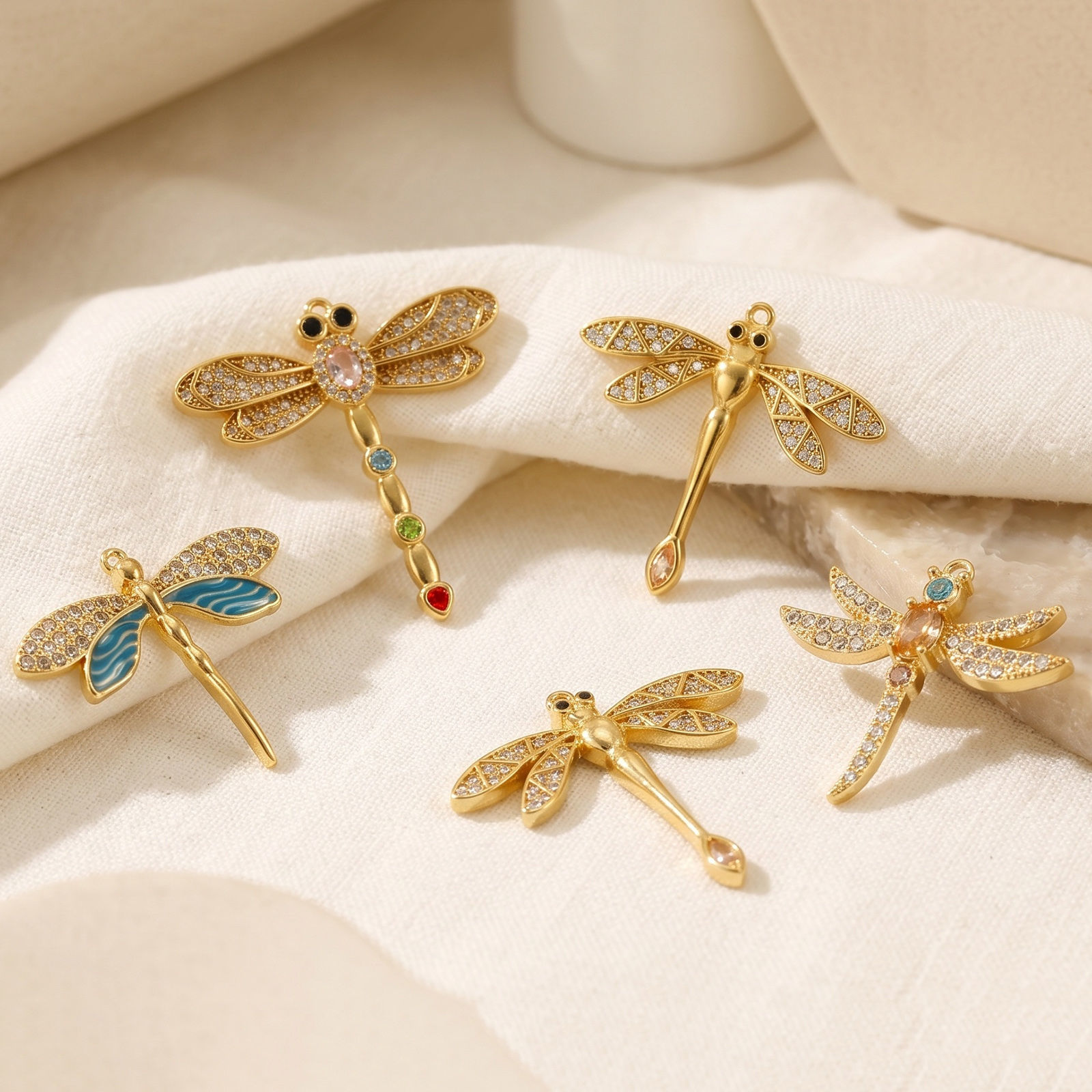 Picture of 1 Piece Eco-friendly PVD Waterproof Anti-Tarnish Hypoallergenic 304 Stainless Steel Insect Charms Wholesale 18K Real Gold Plated Dragonfly Animal Multicolour Cubic Zirconia