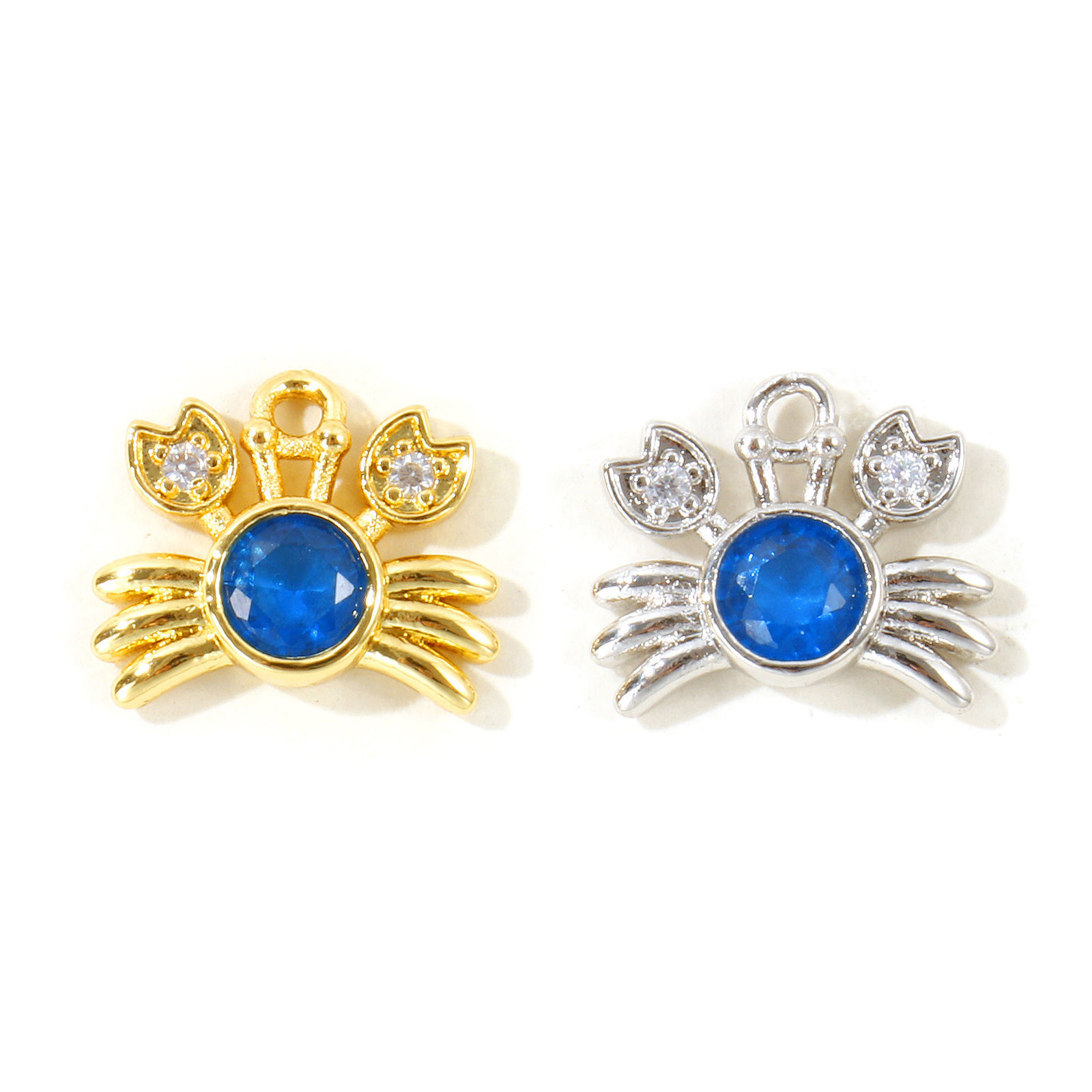 Picture of 2 PCs Brass Ocean Jewelry Charms Wholesale, Crab Animal Royal Blue Clear Rhinestone 13mm x 11mm