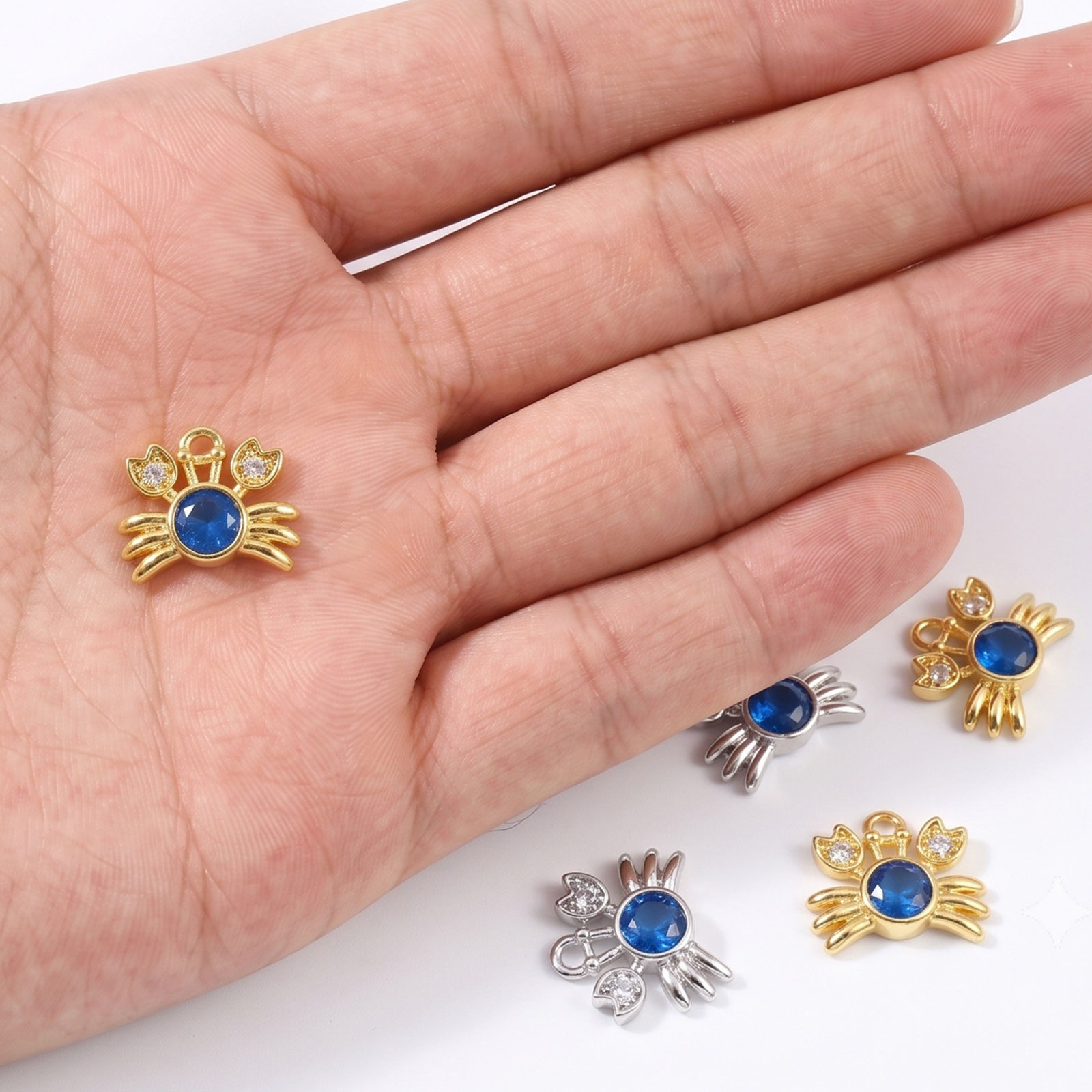 Picture of 2 PCs Brass Ocean Jewelry Charms Wholesale, Crab Animal Royal Blue Clear Rhinestone 13mm x 11mm