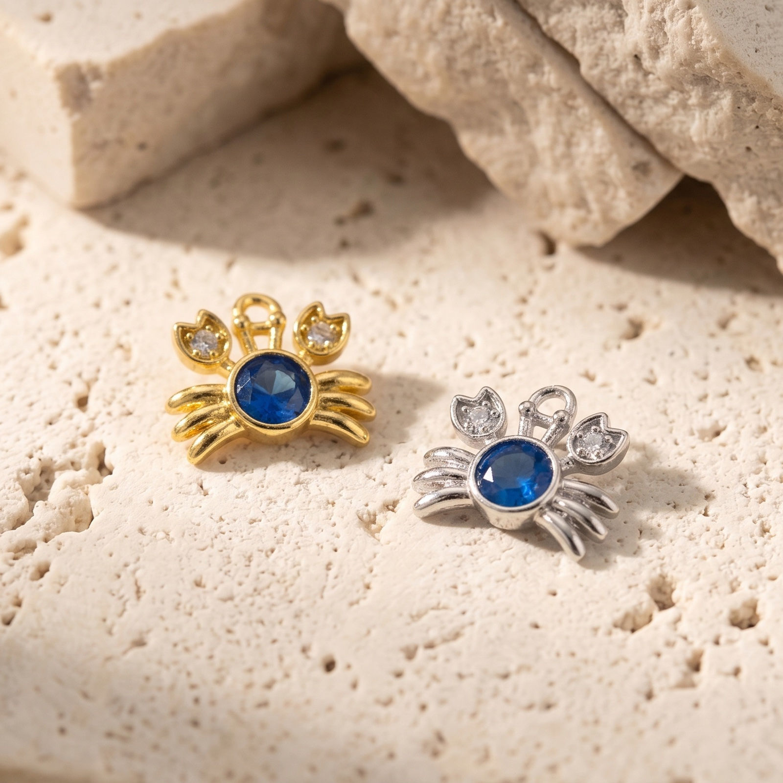 Picture of 2 PCs Brass Ocean Jewelry Charms Wholesale, Crab Animal Royal Blue Clear Rhinestone 13mm x 11mm