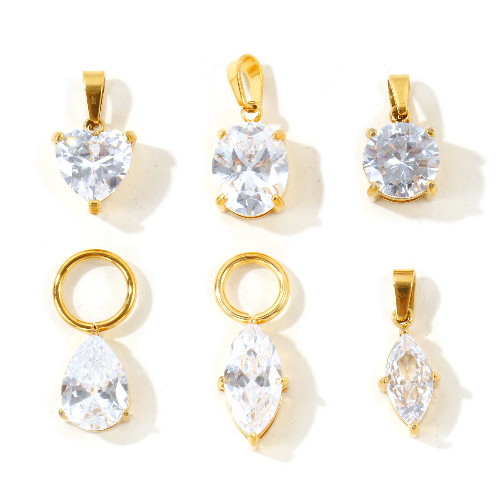 Picture of 2 PCs Eco-friendly Vacuum Plating 304 Stainless Steel Geometric Charms Wholesale 18K Real Gold Plated Geometric Clear Cubic Zirconia