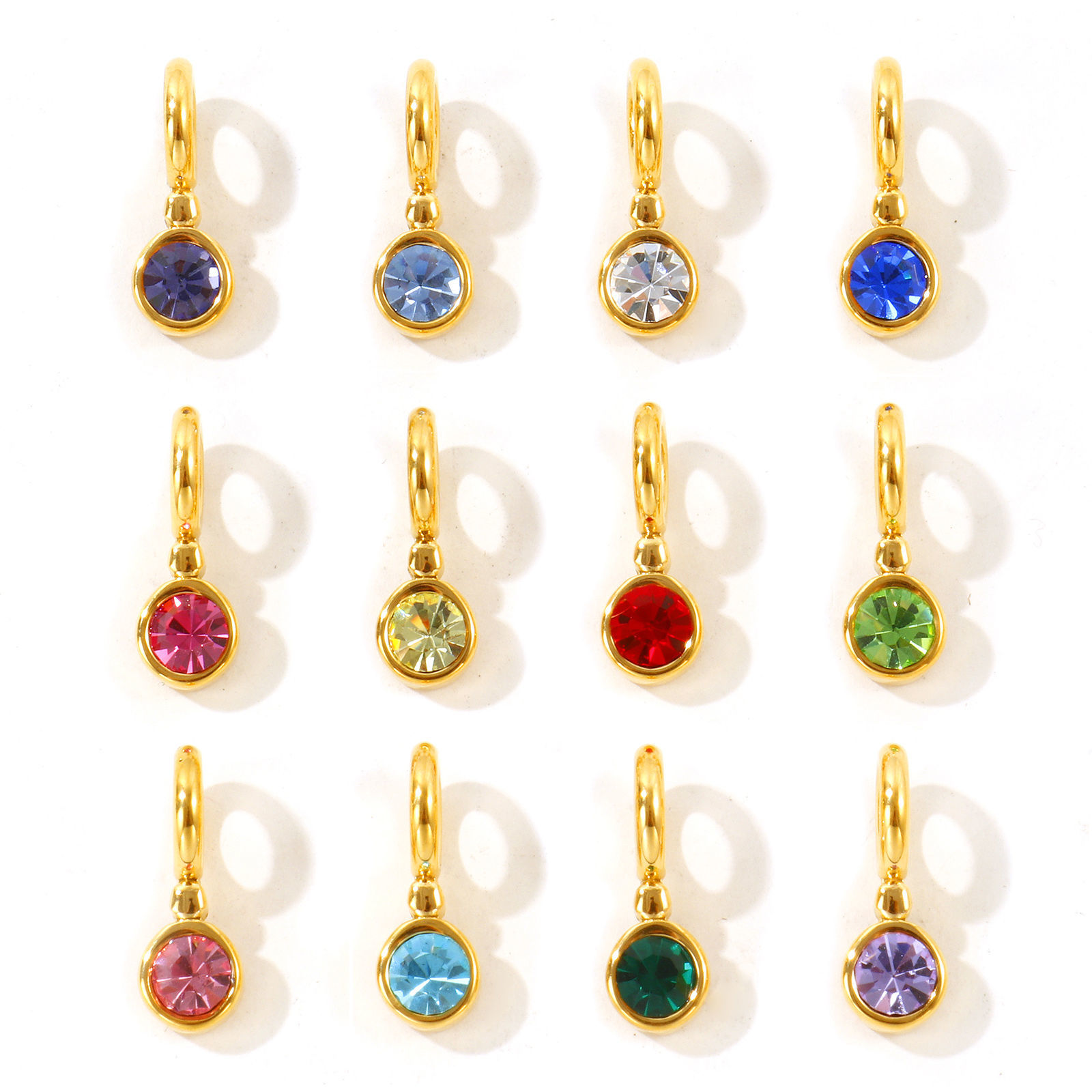 Picture of 1 Piece Eco-friendly PVD Waterproof Anti-Tarnish Hypoallergenic 304 Stainless Steel Birthstone Charms Wholesale 18K Real Gold Plated Round Multicolor Rhinestone 19mm x 7mm
