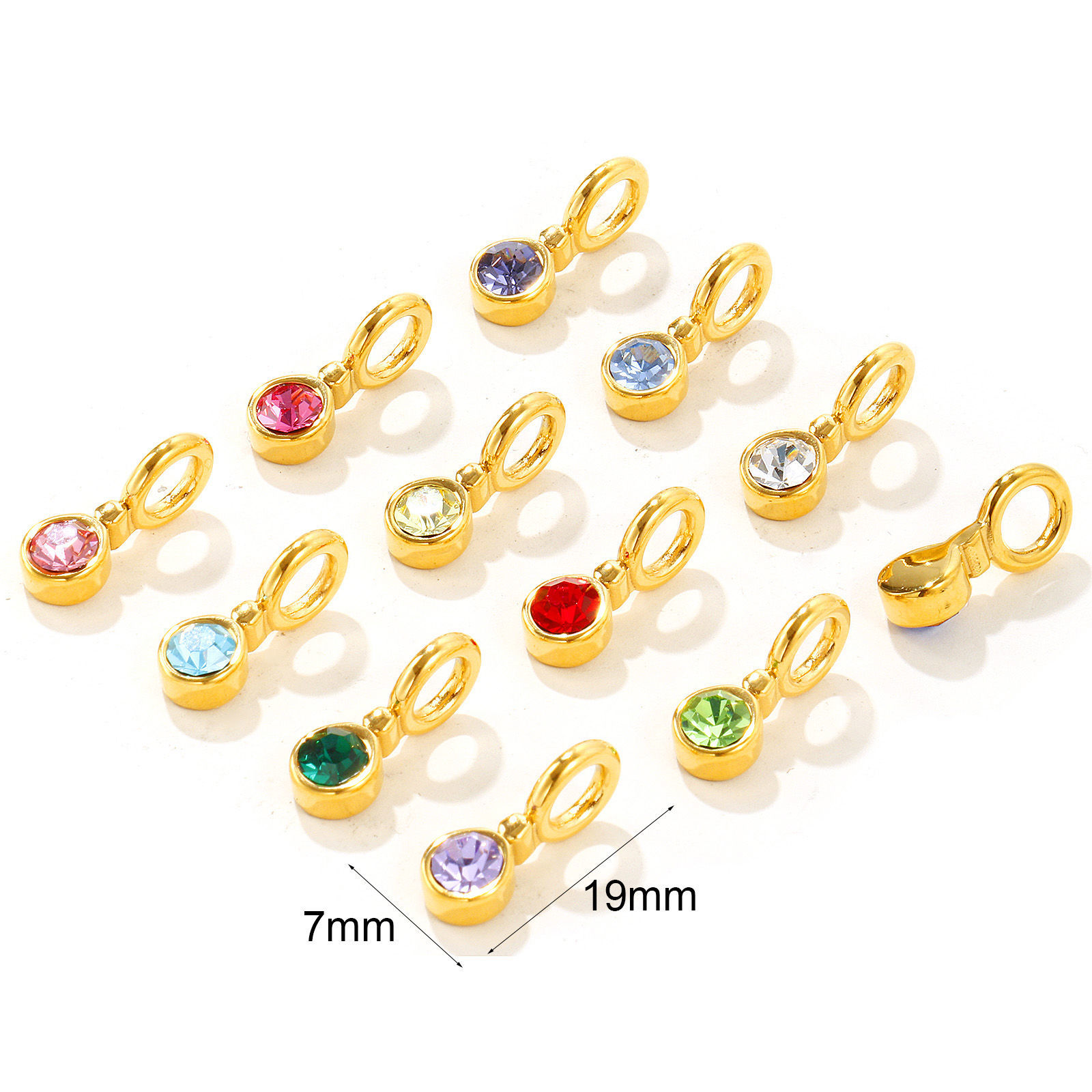 Picture of 1 Piece Eco-friendly PVD Waterproof Anti-Tarnish Hypoallergenic 304 Stainless Steel Birthstone Charms Wholesale 18K Real Gold Plated Round Multicolor Rhinestone 19mm x 7mm