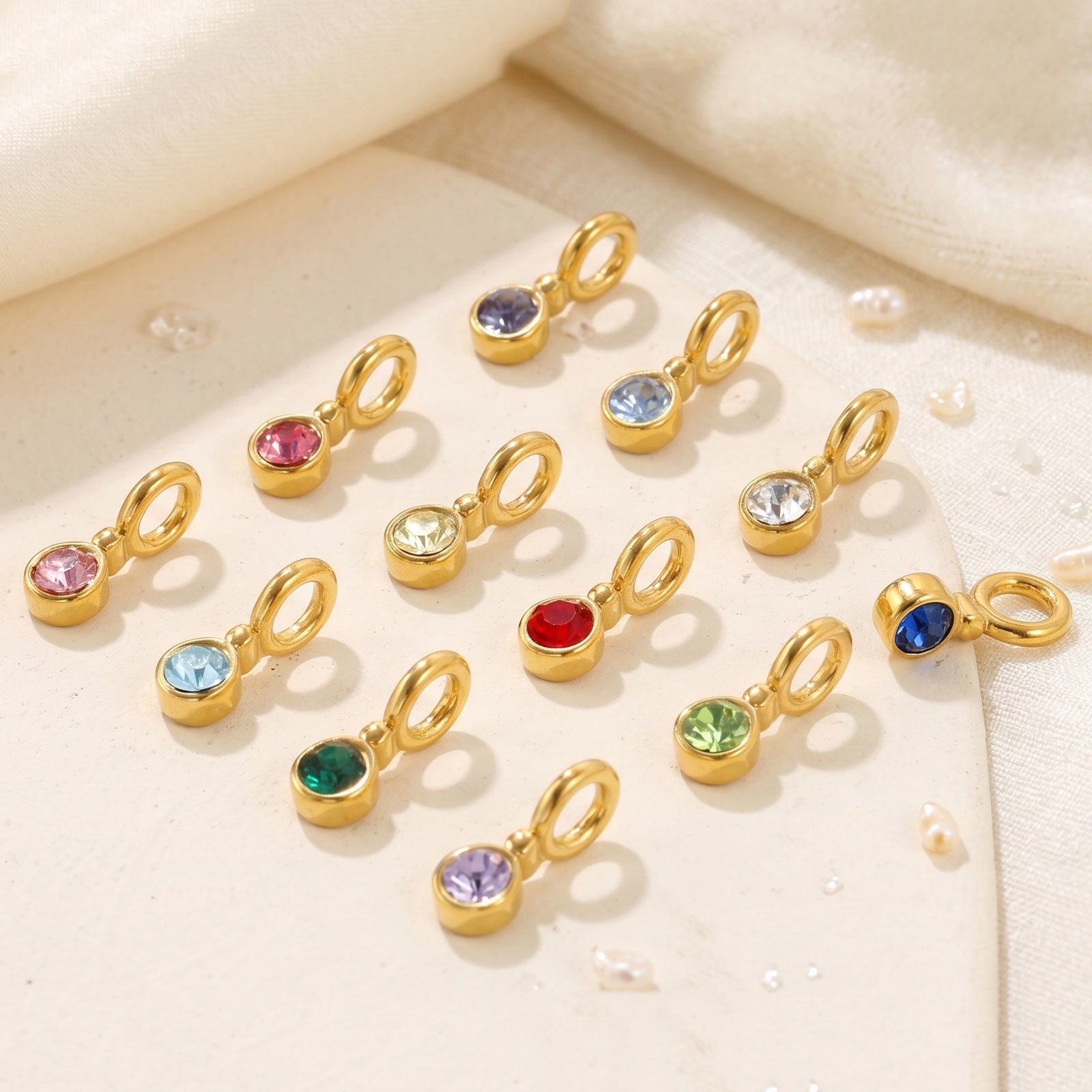 Picture of 1 Piece Eco-friendly PVD Waterproof Anti-Tarnish Hypoallergenic 304 Stainless Steel Birthstone Charms Wholesale 18K Real Gold Plated Round Multicolor Rhinestone 19mm x 7mm