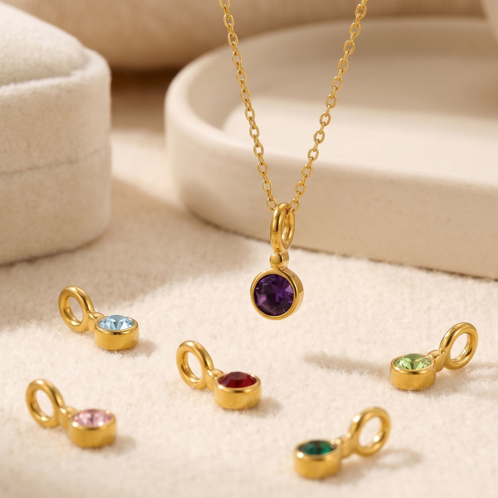 Picture of 1 Piece Eco-friendly PVD Waterproof Anti-Tarnish Hypoallergenic 304 Stainless Steel Birthstone Charms Wholesale 18K Real Gold Plated Round Multicolor Rhinestone 19mm x 7mm