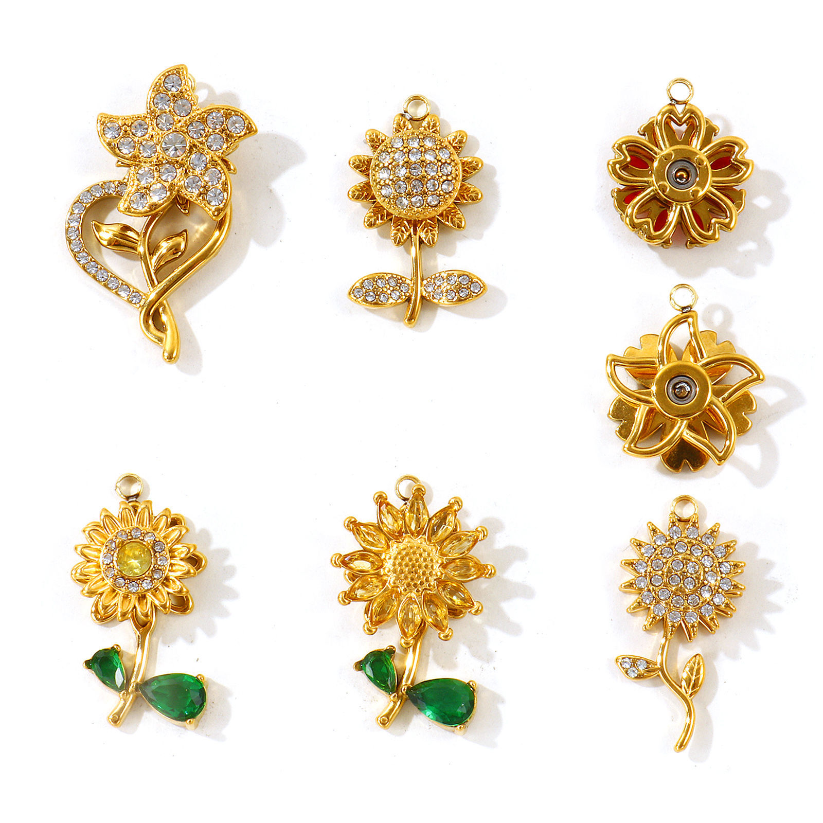 Picture of 1 Piece Eco-friendly PVD 304 Stainless Steel Flora Collection Charms Wholesale 18K Gold Plated Flower Rotatable Multicolour Cubic Zirconia