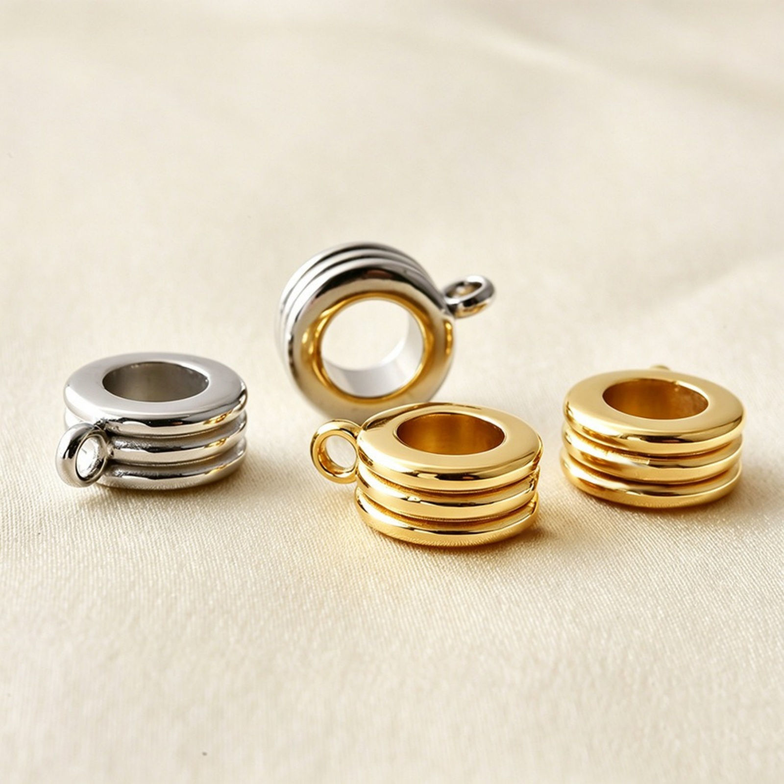 Picture of 3 PCs Eco-friendly 316 Stainless Steel Bail Beads With Loop For DIY Jewelry Making Findings Wholesale Round 11mm x 8mm