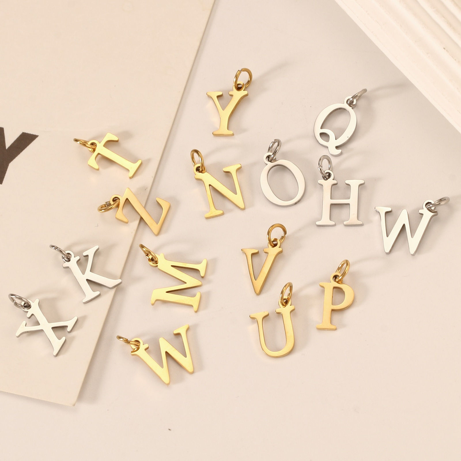 Picture of 5 PCs Eco-friendly PVD 304 Stainless Steel Capital Alphabet Initial Letter Name Charms Wholesale Mirror Polishing 11mm x 7mm