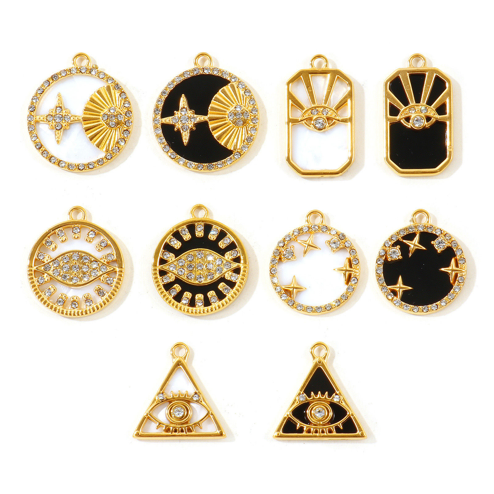 Picture of 2 PCs Eco-friendly PVD Waterproof Anti-Tarnish Hypoallergenic 304 Stainless Steel & Natural Shell Charms Wholesale 18K Real Gold Plated Clear Rhinestone