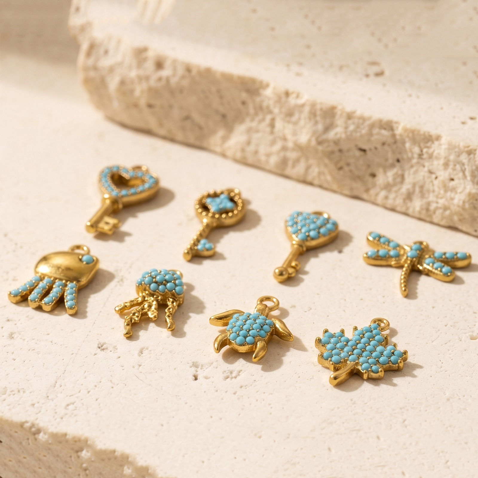 Picture of 2 PCs Eco-friendly PVD Waterproof Anti-Tarnish Hypoallergenic 304 Stainless Steel Charms Wholesale 18K Real Gold Plated Key Marine Animal Micro Pave Blue Cubic Zirconia