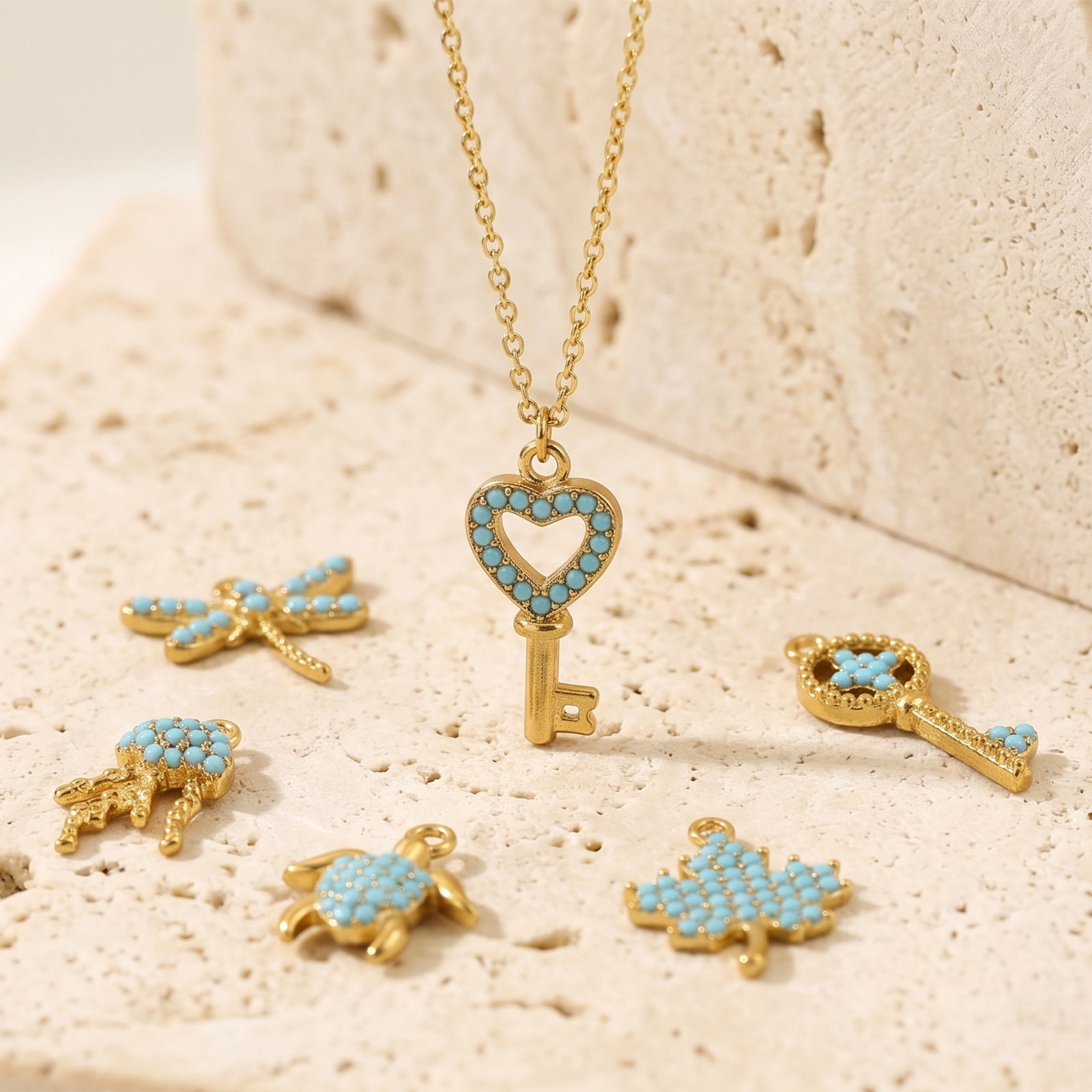 Picture of 2 PCs Eco-friendly PVD Waterproof Anti-Tarnish Hypoallergenic 304 Stainless Steel Charms Wholesale 18K Real Gold Plated Key Marine Animal Micro Pave Blue Cubic Zirconia