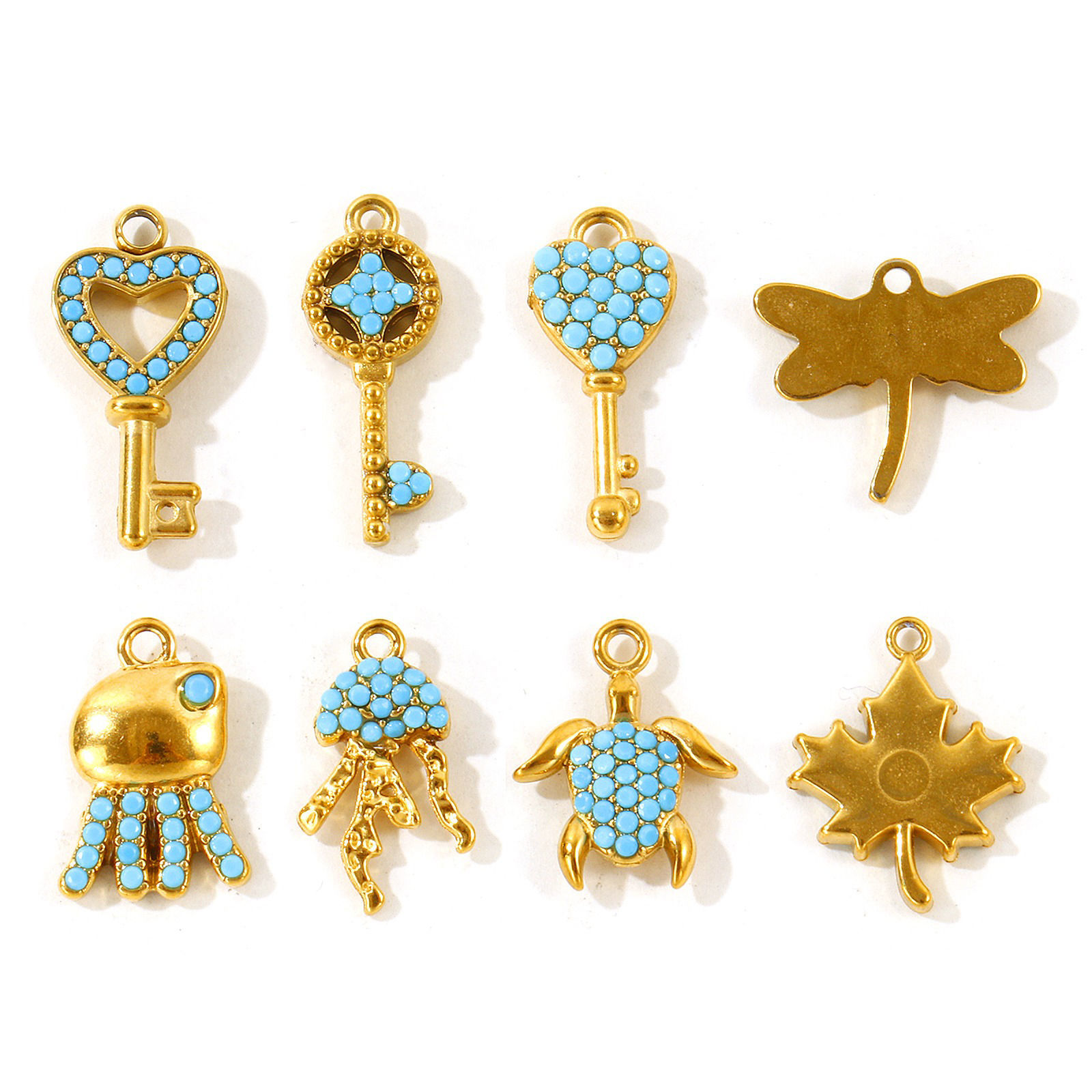 Picture of 2 PCs Eco-friendly PVD Waterproof Anti-Tarnish Hypoallergenic 304 Stainless Steel Charms Wholesale 18K Real Gold Plated Key Marine Animal Micro Pave Blue Cubic Zirconia