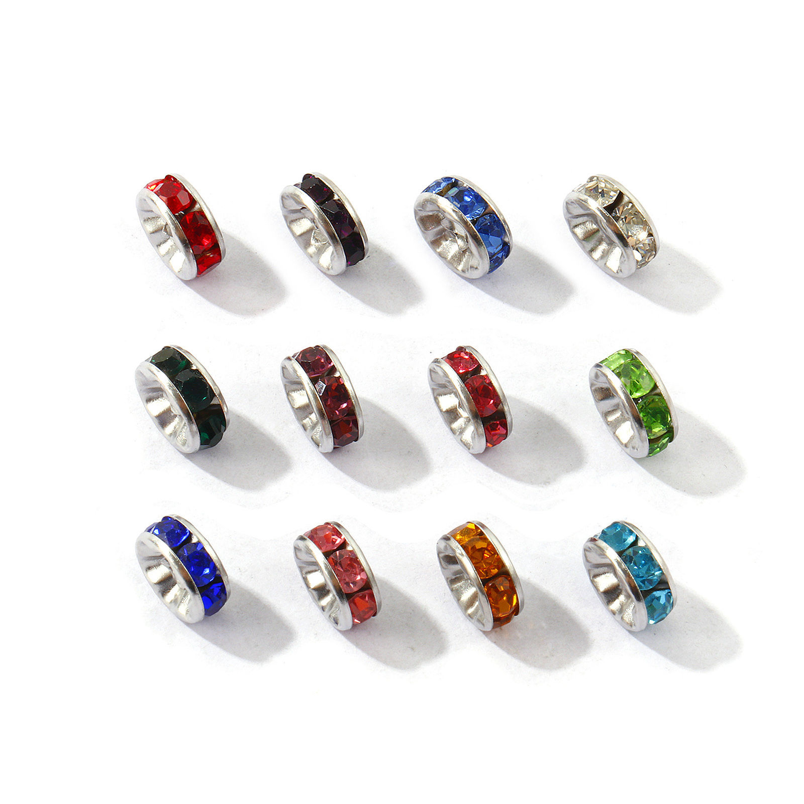 Picture of 20 PCs Eco-friendly 304 Stainless Steel & Rhinestone Birthstone Rondelle Beads Wholesale Silver Tone 8mm Dia.