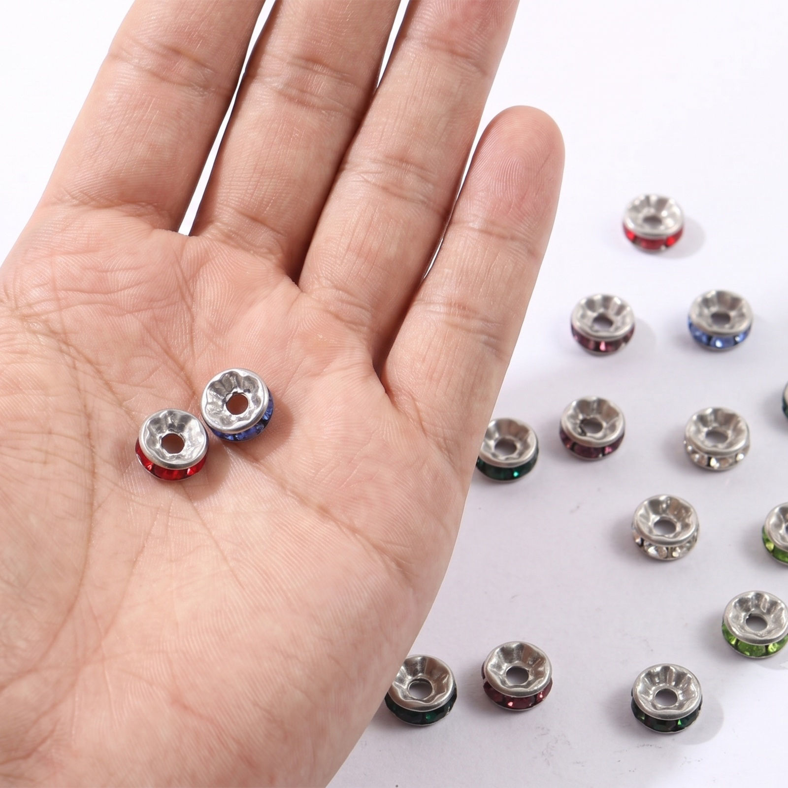 Picture of 20 PCs Eco-friendly 304 Stainless Steel & Rhinestone Birthstone Rondelle Beads Wholesale Silver Tone 8mm Dia.