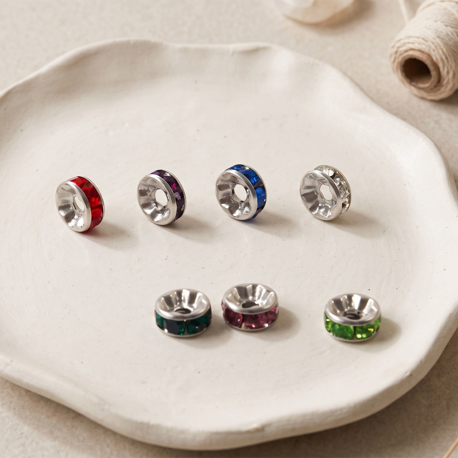 Picture of 20 PCs Eco-friendly 304 Stainless Steel & Rhinestone Birthstone Rondelle Beads Wholesale Silver Tone 8mm Dia.