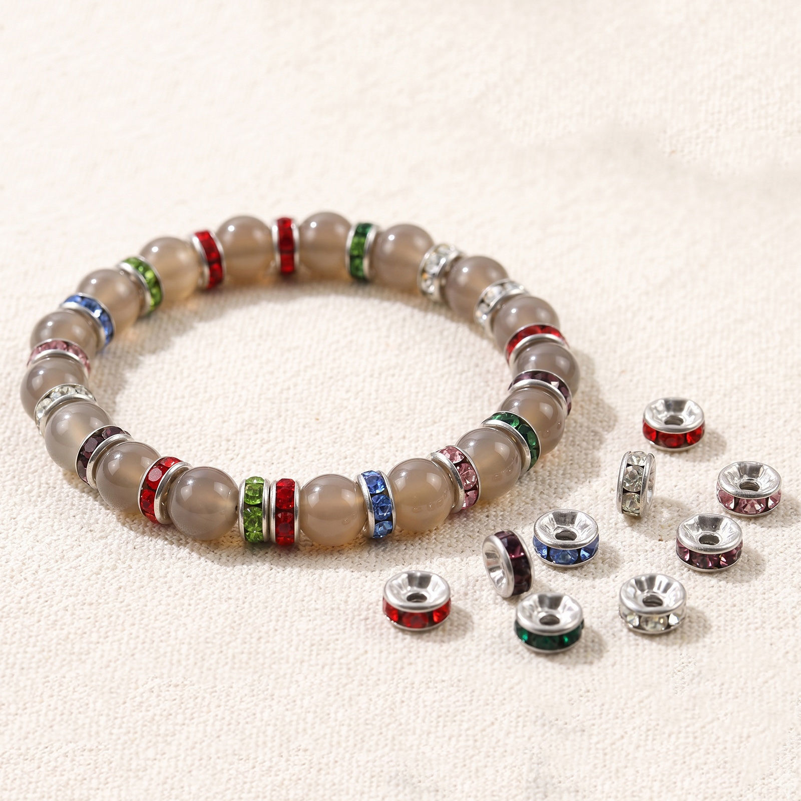 Picture of 20 PCs Eco-friendly 304 Stainless Steel & Rhinestone Birthstone Rondelle Beads Wholesale Silver Tone 8mm Dia.