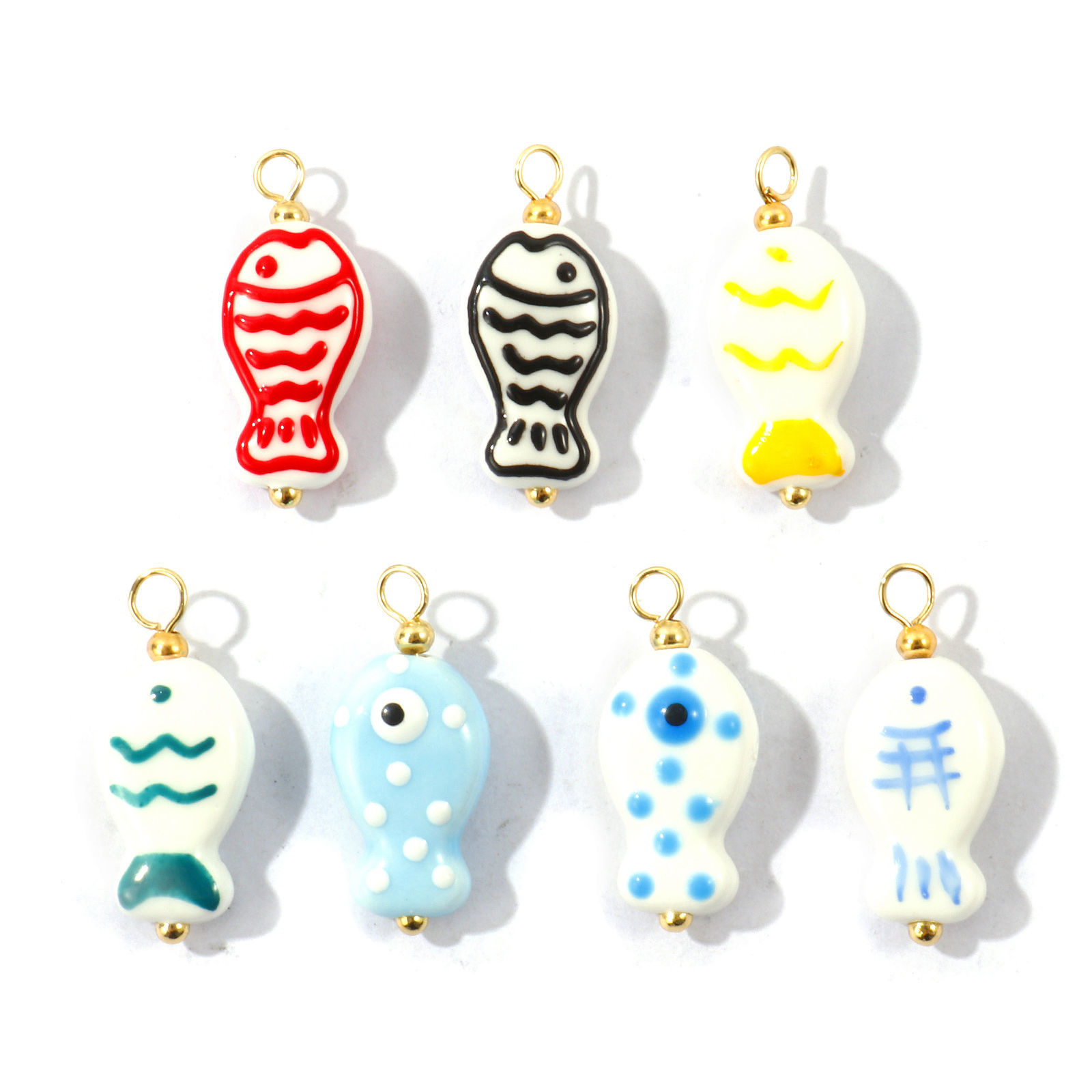 Picture of 5 PCs Eco-friendly Ceramic & Brass Ocean Jewelry Charms Wholesale, Fish Animal 18K Real Gold Plated Double-sided Enamel 26mm x 12mm
