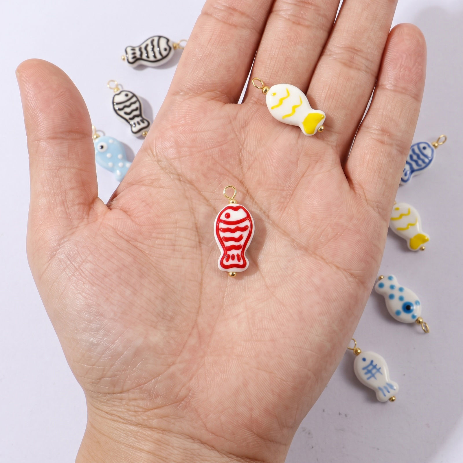 Picture of 5 PCs Eco-friendly Ceramic & Brass Ocean Jewelry Charms Wholesale, Fish Animal 18K Real Gold Plated Double-sided Enamel 26mm x 12mm