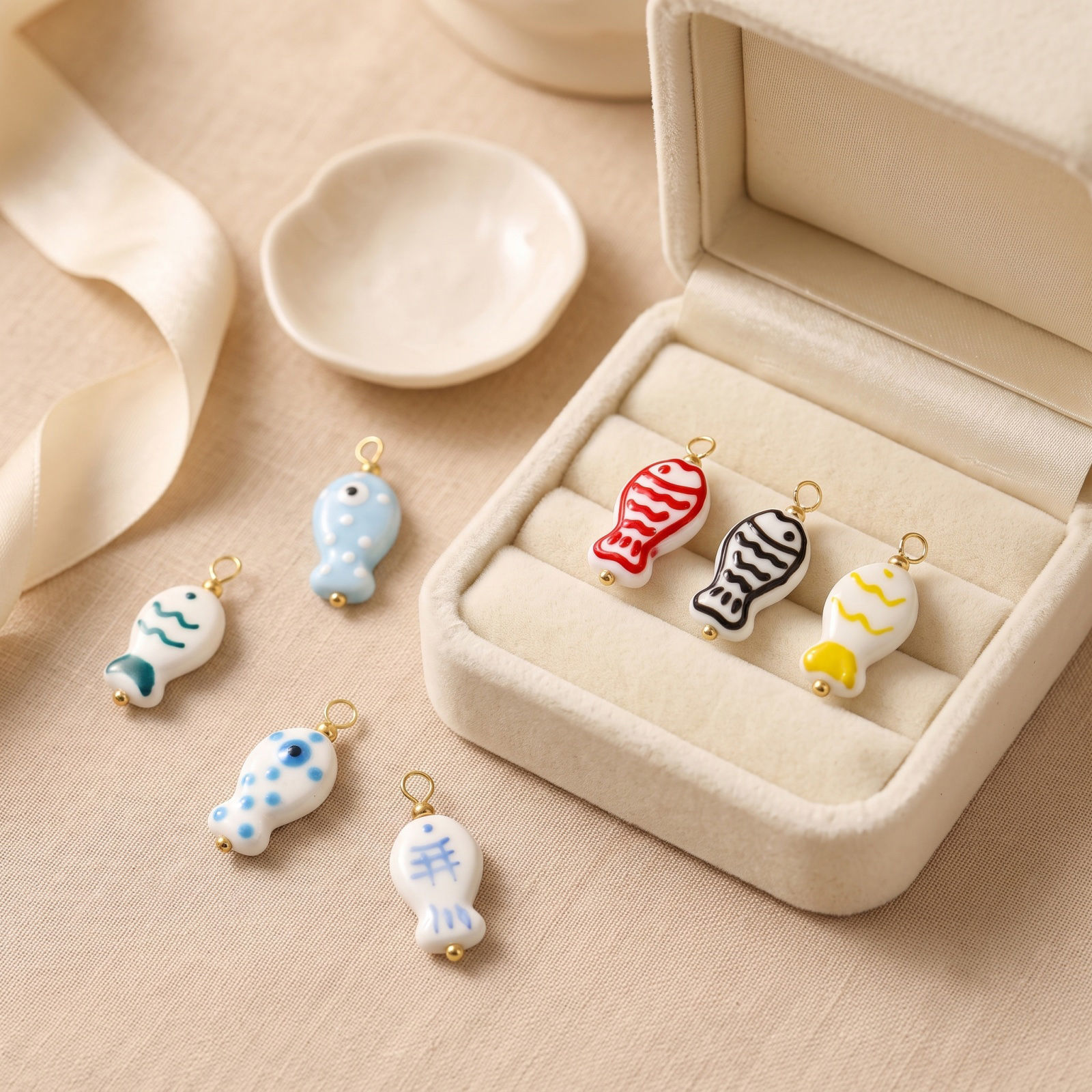 Picture of 5 PCs Eco-friendly Ceramic & Brass Ocean Jewelry Charms Wholesale, Fish Animal 18K Real Gold Plated Double-sided Enamel 26mm x 12mm