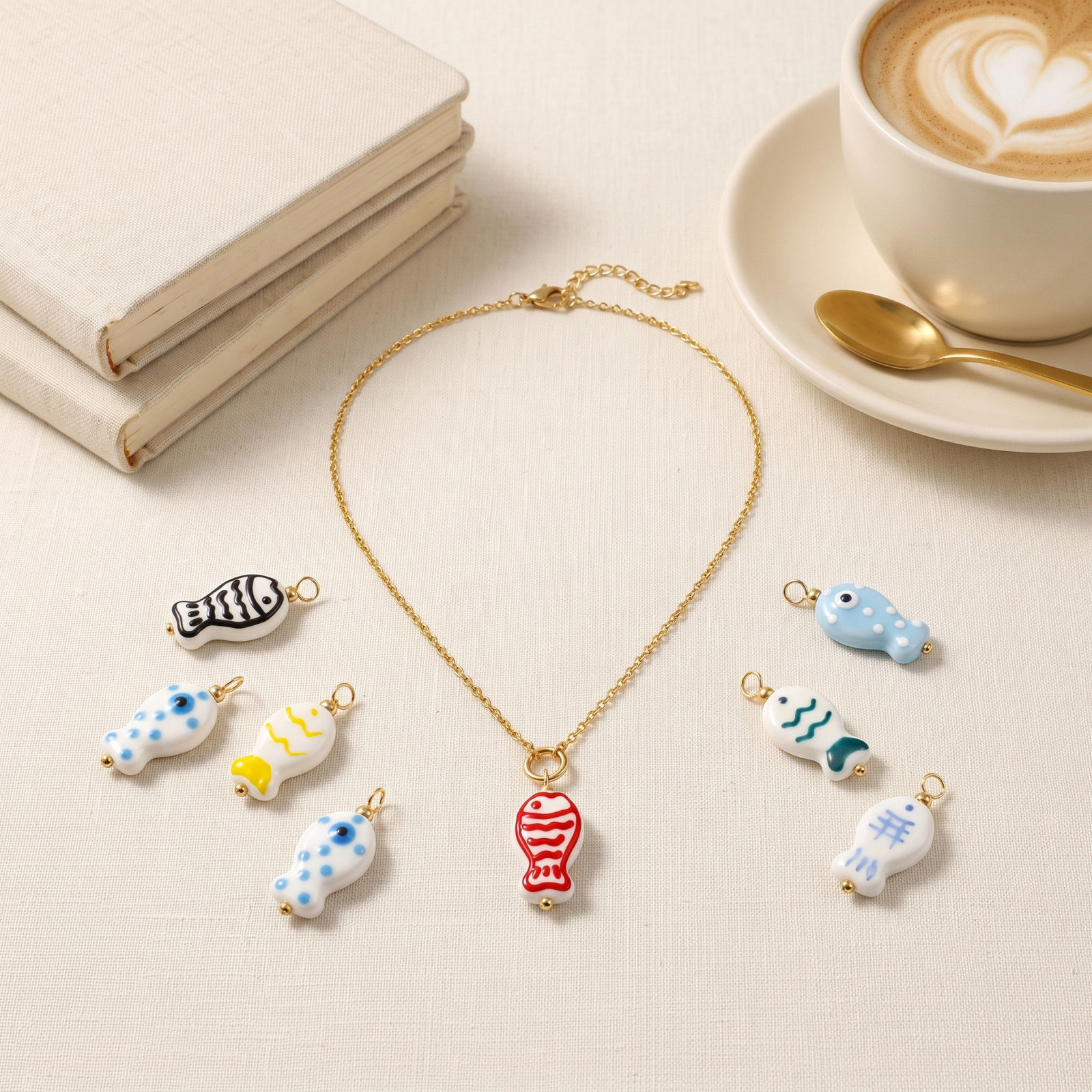 Picture of 5 PCs Eco-friendly Ceramic & Brass Ocean Jewelry Charms Wholesale, Fish Animal 18K Real Gold Plated Double-sided Enamel 26mm x 12mm