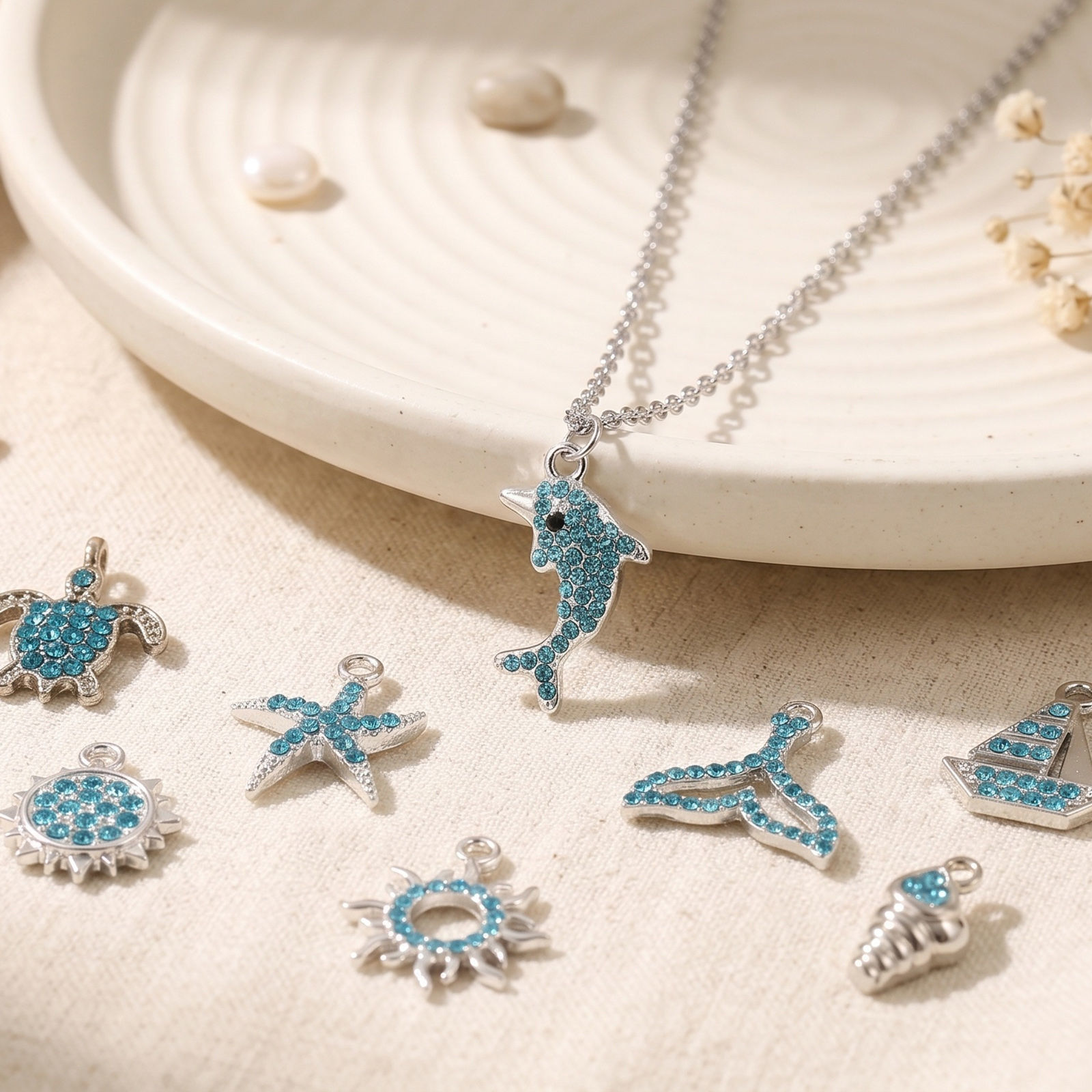 Picture of 10 PCs Zinc Based Alloy Charms Wholesale Silver Tone Blue Rhinestone