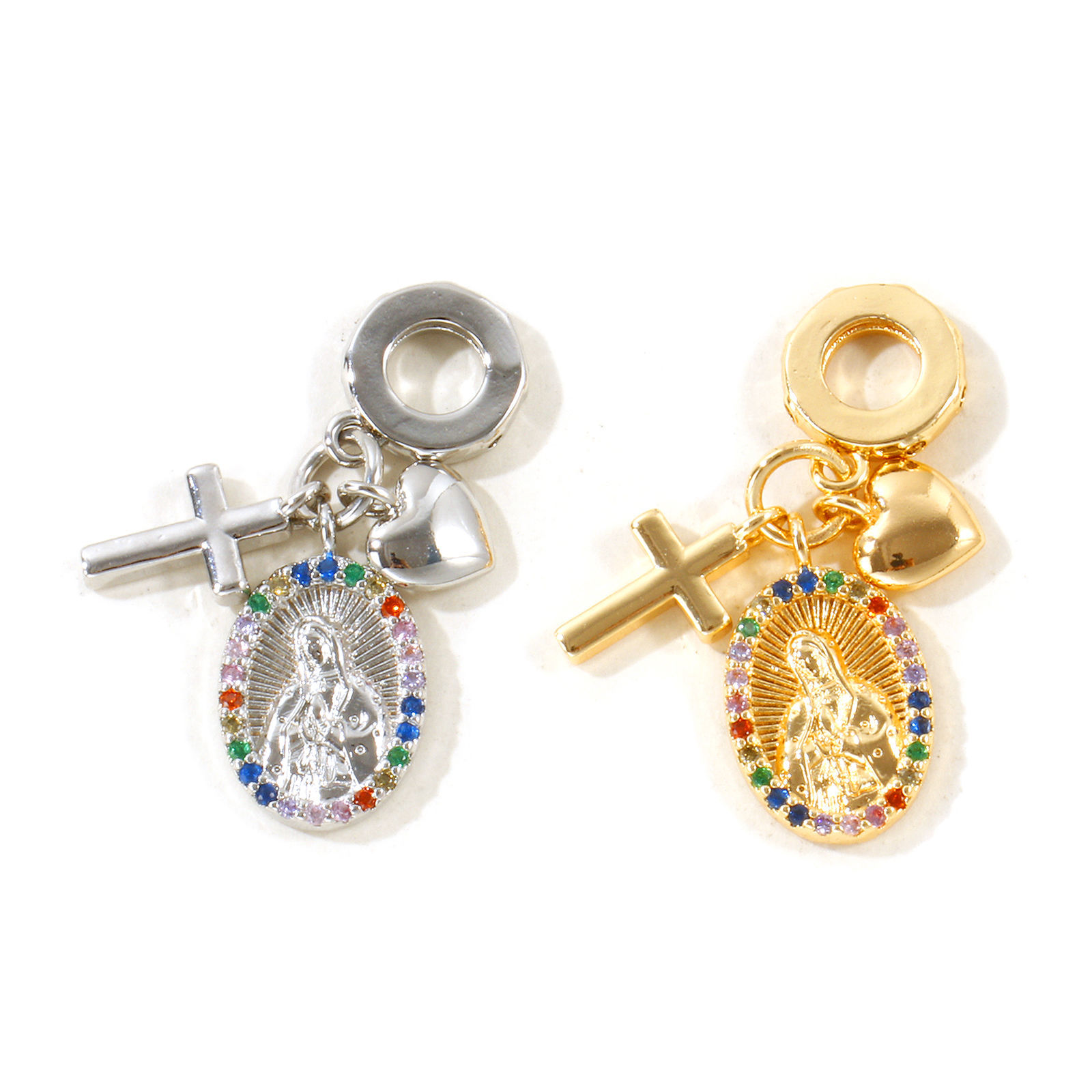 Picture of 1 Piece Eco-friendly Brass Religious Dangle Charm Beads For Bracelet Necklace Jewelry Making Wholesale, Cross Virgin Mary Real Gold Plated Multicolour Cubic Zirconia 28mm