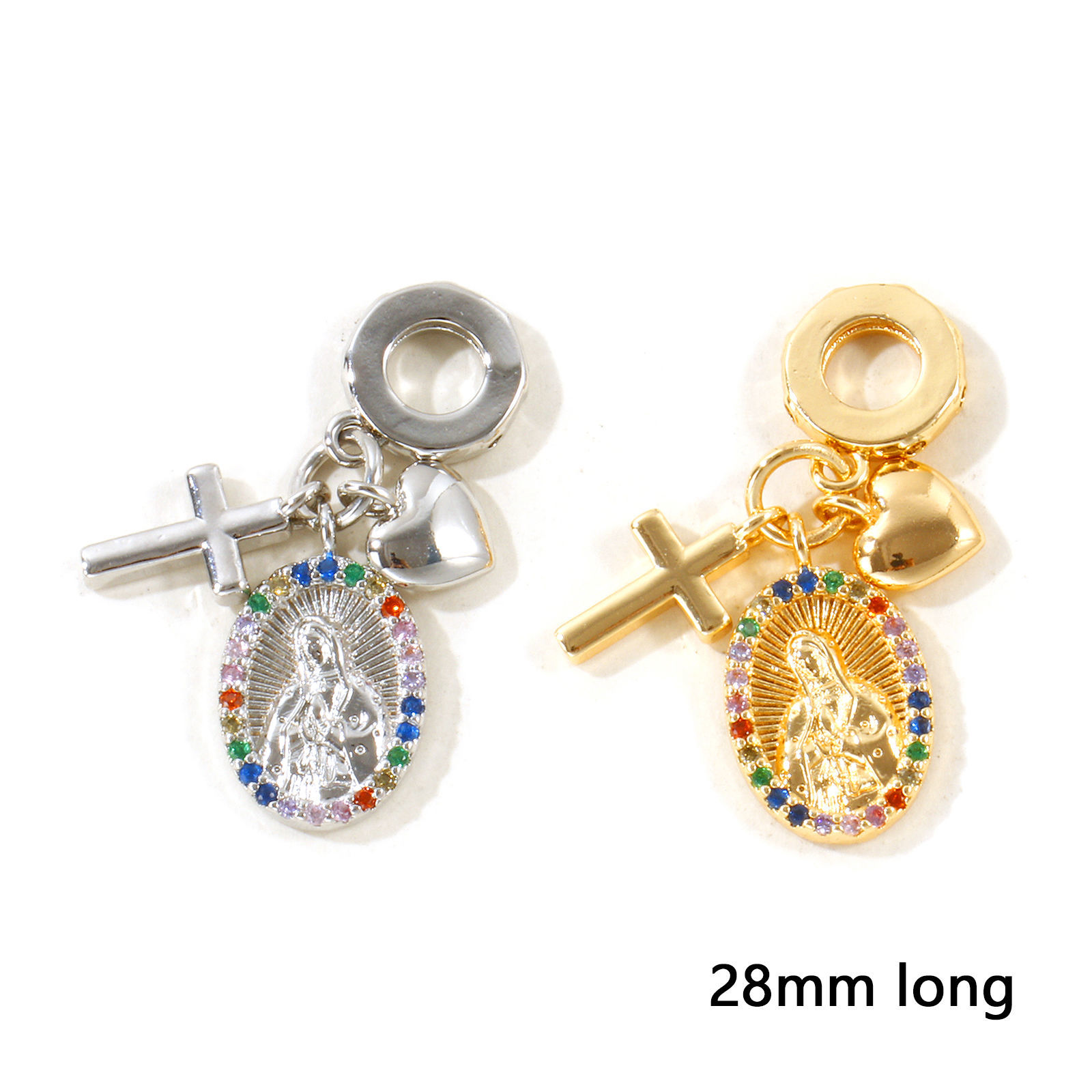Picture of 1 Piece Eco-friendly Brass Religious Dangle Charm Beads For Bracelet Necklace Jewelry Making Wholesale, Cross Virgin Mary Real Gold Plated Multicolour Cubic Zirconia 28mm