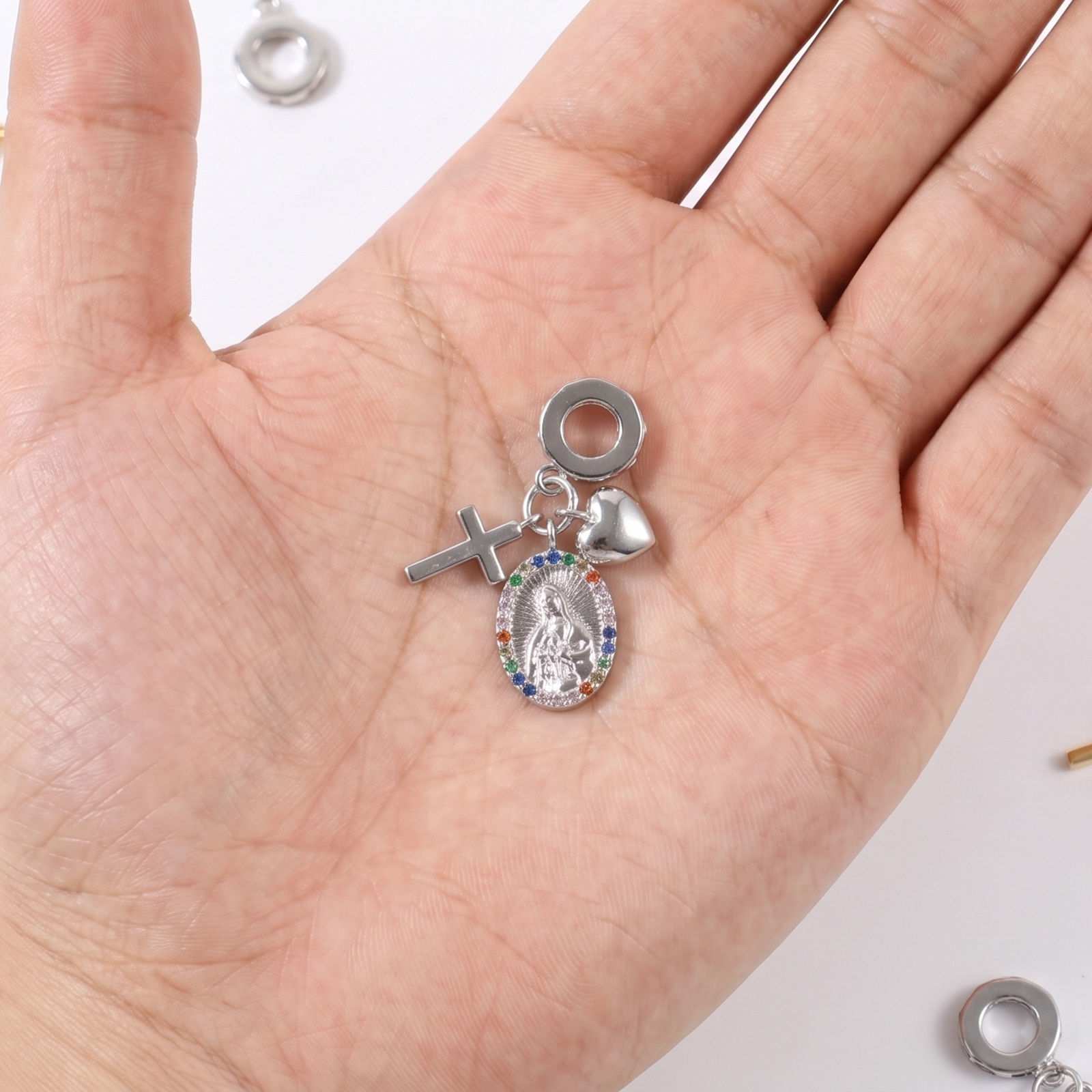 Picture of 1 Piece Eco-friendly Brass Religious Dangle Charm Beads For Bracelet Necklace Jewelry Making Wholesale, Cross Virgin Mary Real Gold Plated Multicolour Cubic Zirconia 28mm