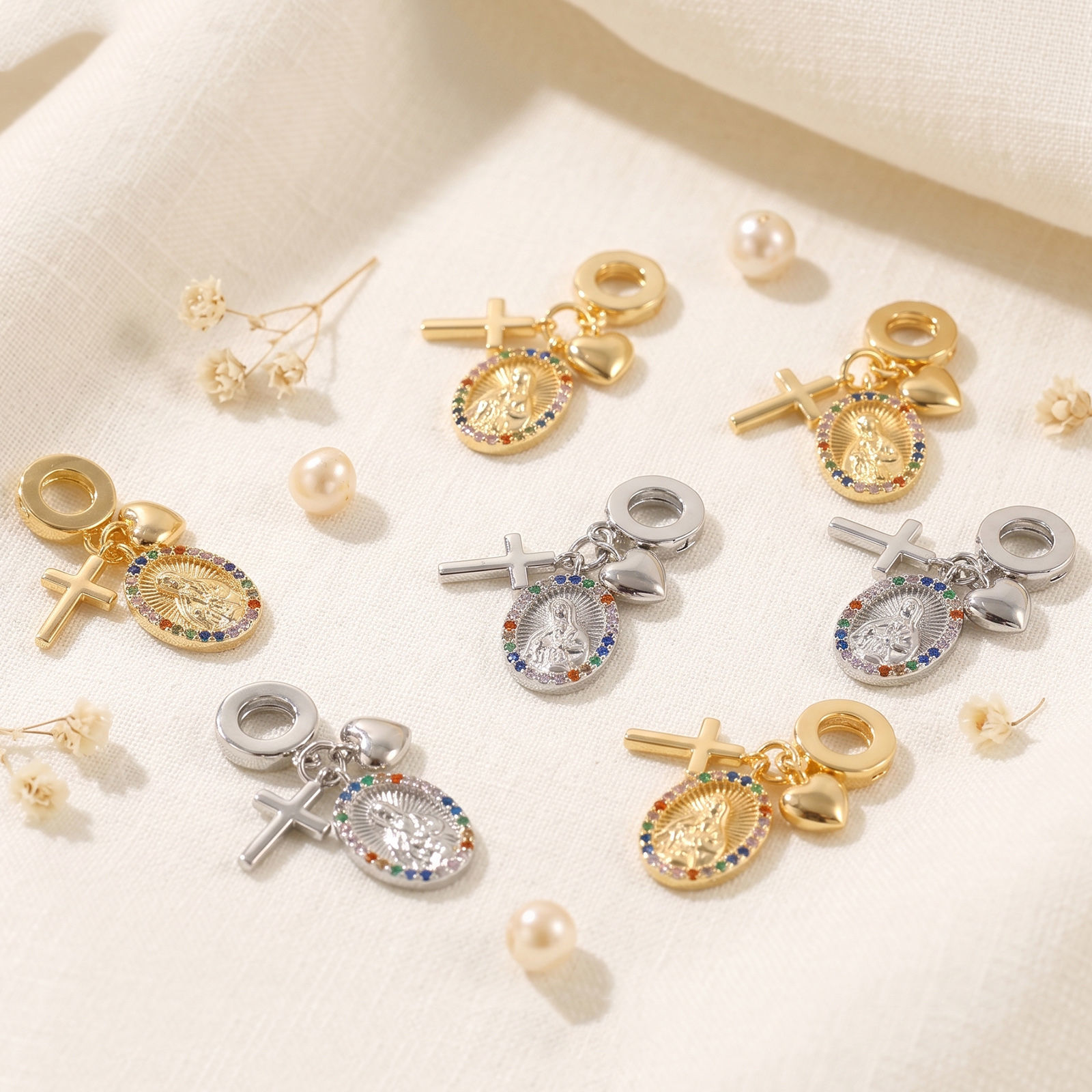 Picture of 1 Piece Eco-friendly Brass Religious Dangle Charm Beads For Bracelet Necklace Jewelry Making Wholesale, Cross Virgin Mary Real Gold Plated Multicolour Cubic Zirconia 28mm