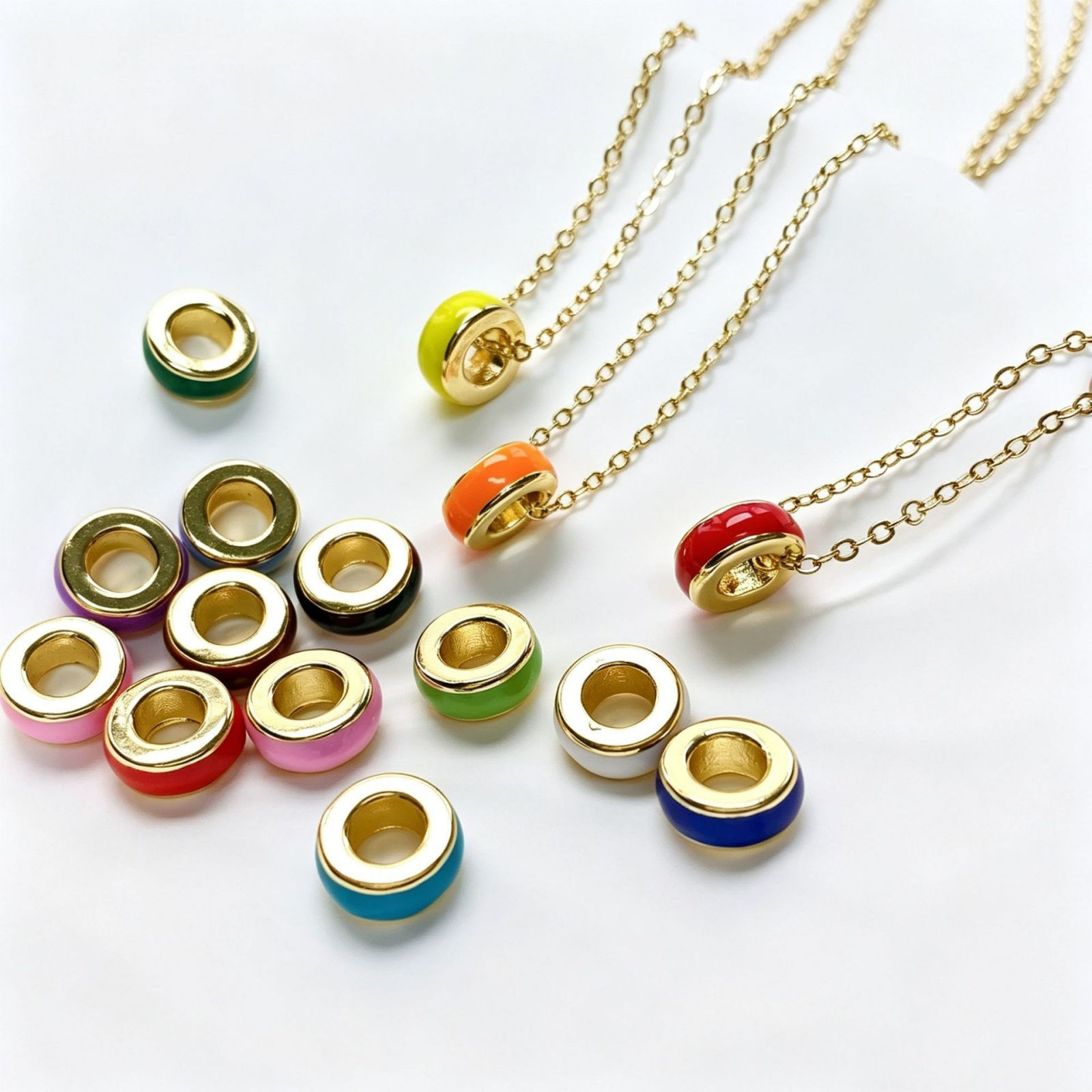 Picture of 1 Piece Brass European Style Large Hole Charm Beads Wholesale 18K Gold Plated Multicolor Drum Enamel 10mm x 4mm, Hole: Approx 5mm