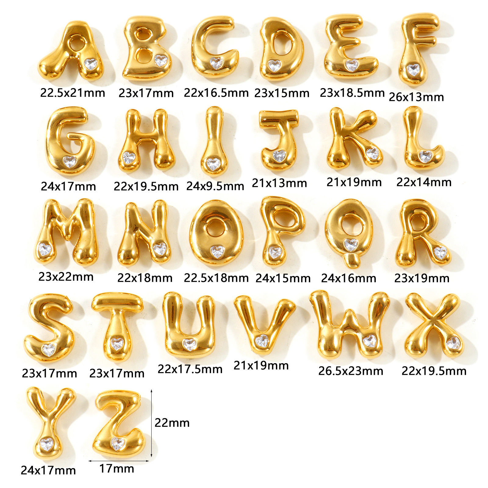 Picture of 2 PCs Eco-friendly PVD Waterproof Anti-Tarnish Hypoallergenic 304 Stainless Steel Capital Alphabet Initial Letter Name Charms Wholesale 18K Real Gold Plated Message " A-Z " Clear Cubic Zirconia