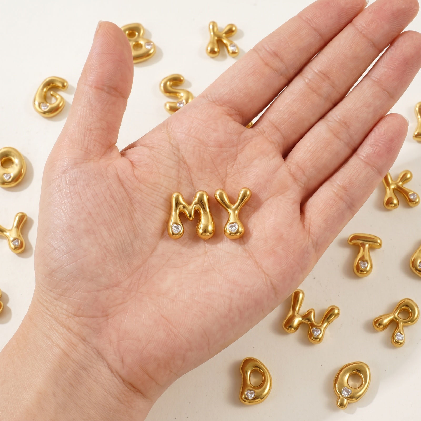 Picture of 2 PCs Eco-friendly PVD Waterproof Anti-Tarnish Hypoallergenic 304 Stainless Steel Capital Alphabet Initial Letter Name Charms Wholesale 18K Real Gold Plated Message " A-Z " Clear Cubic Zirconia
