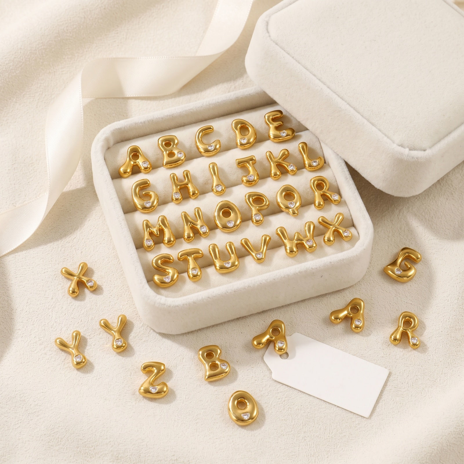 Picture of 2 PCs Eco-friendly PVD Waterproof Anti-Tarnish Hypoallergenic 304 Stainless Steel Capital Alphabet Initial Letter Name Charms Wholesale 18K Real Gold Plated Message " A-Z " Clear Cubic Zirconia
