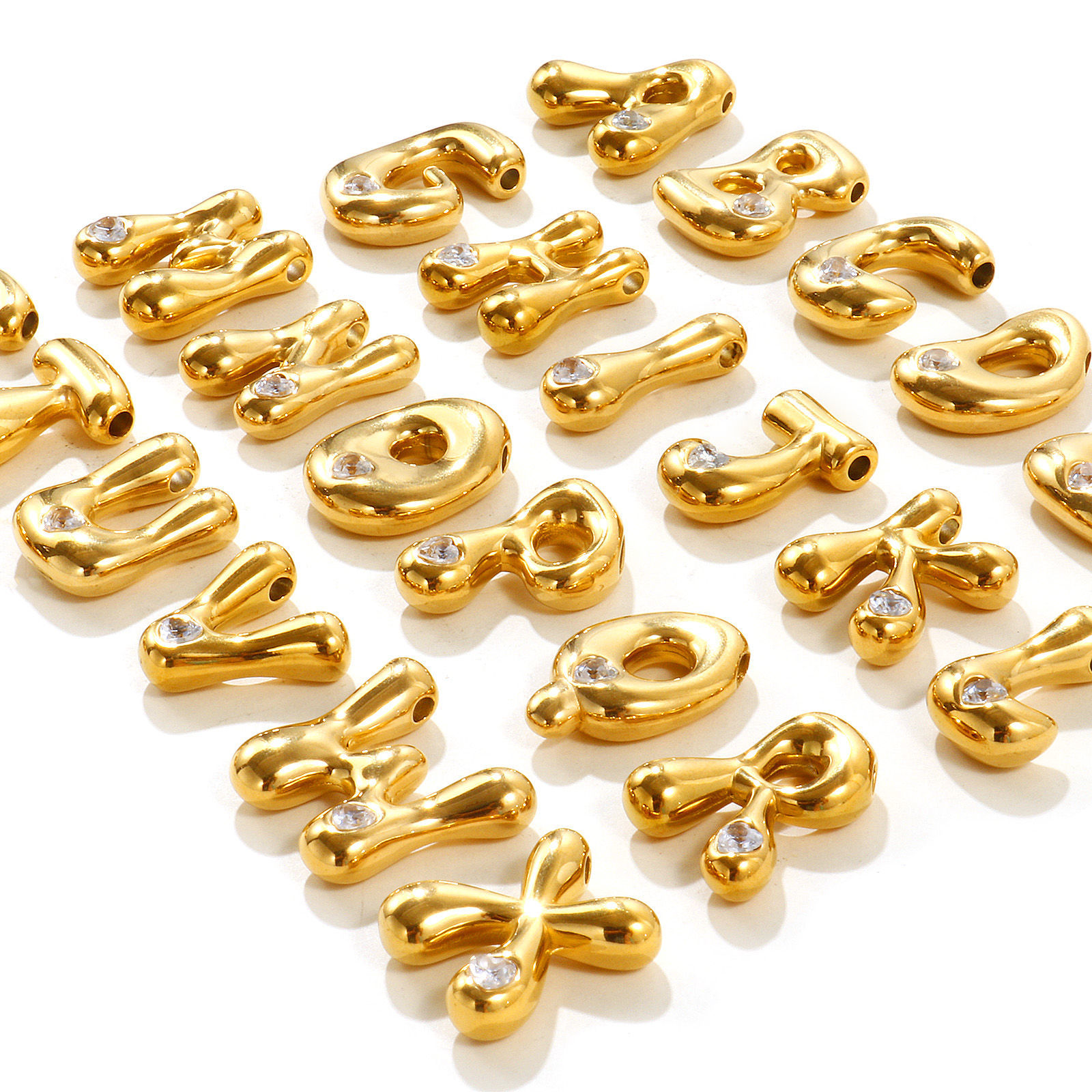 Picture of 2 PCs Eco-friendly PVD Waterproof Anti-Tarnish Hypoallergenic 304 Stainless Steel Capital Alphabet Initial Letter Name Charms Wholesale 18K Real Gold Plated Message " A-Z " Clear Cubic Zirconia