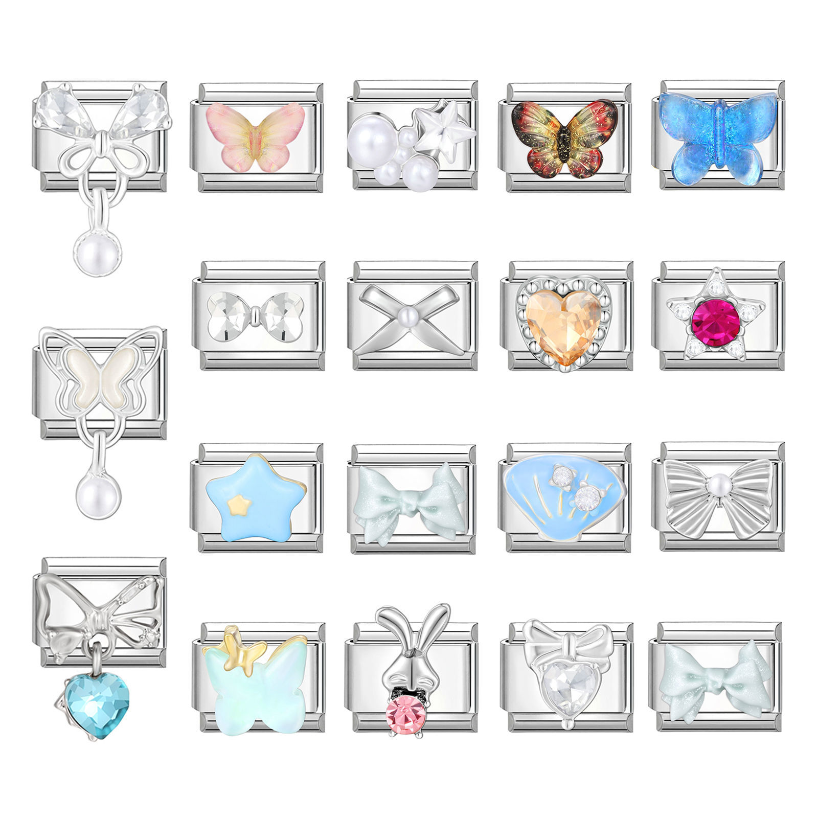 Picture of 304 Stainless Steel Italian Charm Links For DIY Bracelet Jewelry Making Silver Tone Rectangle Butterfly 10mm x 9mm