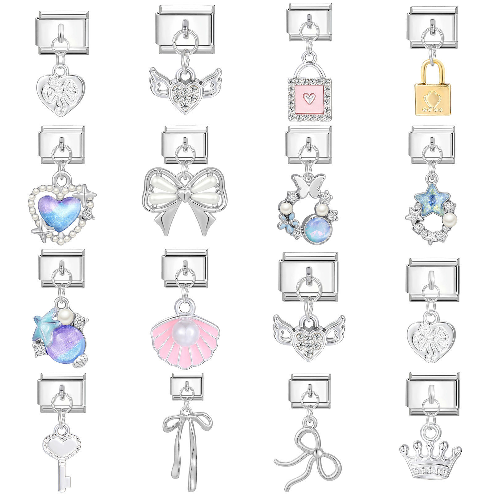 Picture of 1 Piece 304 Stainless Steel Italian Charm Links For DIY Modular Bracelet Watch Jewelry Making, With Zinc Alloy Pendant Lock Bowknot Multicolor Silver Tone 10mm x 9mm