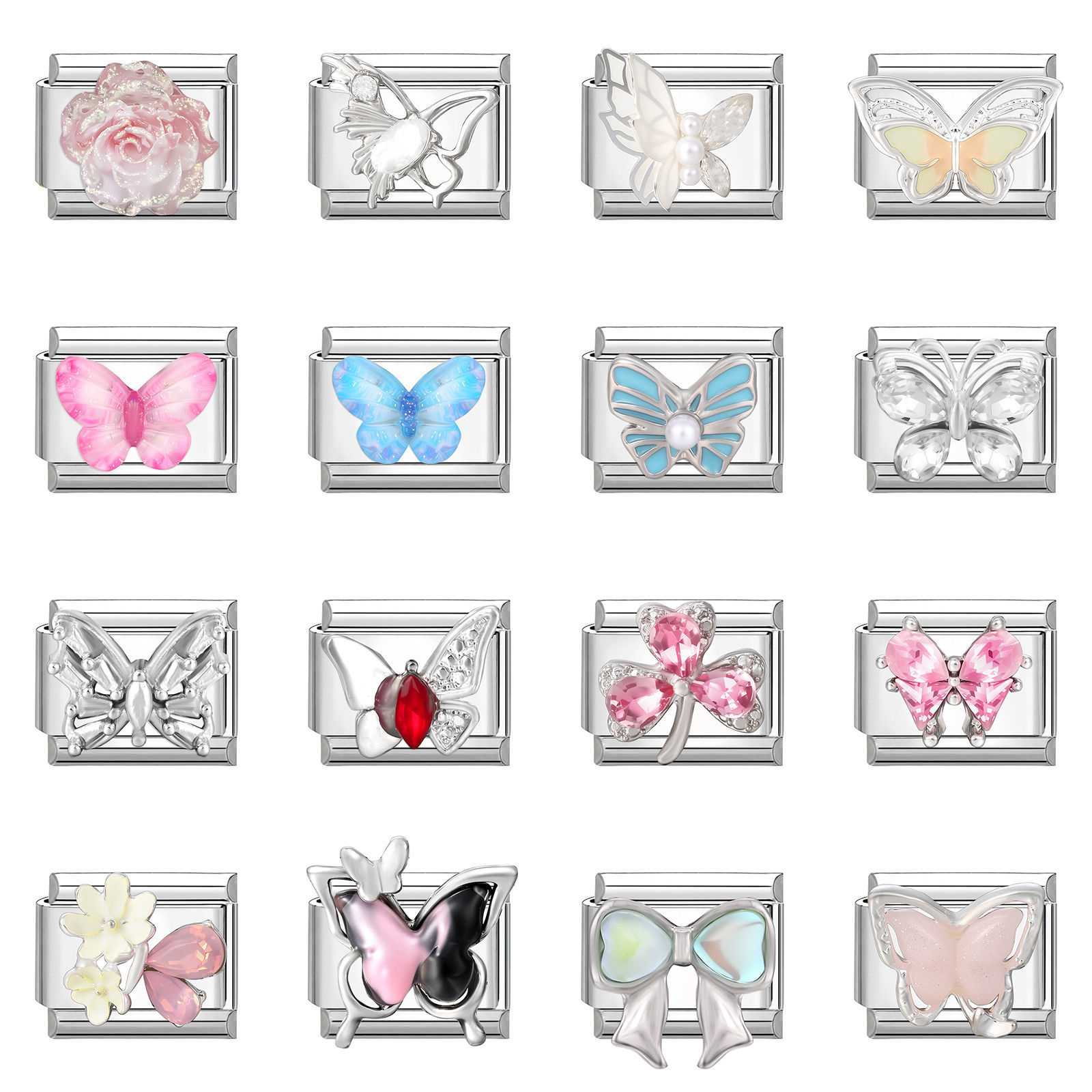 Picture of 304 Stainless Steel Stylish Italian Charm Links For DIY Bracelet Jewelry Making Silver Tone Rectangle Butterfly 10mm x 9mm