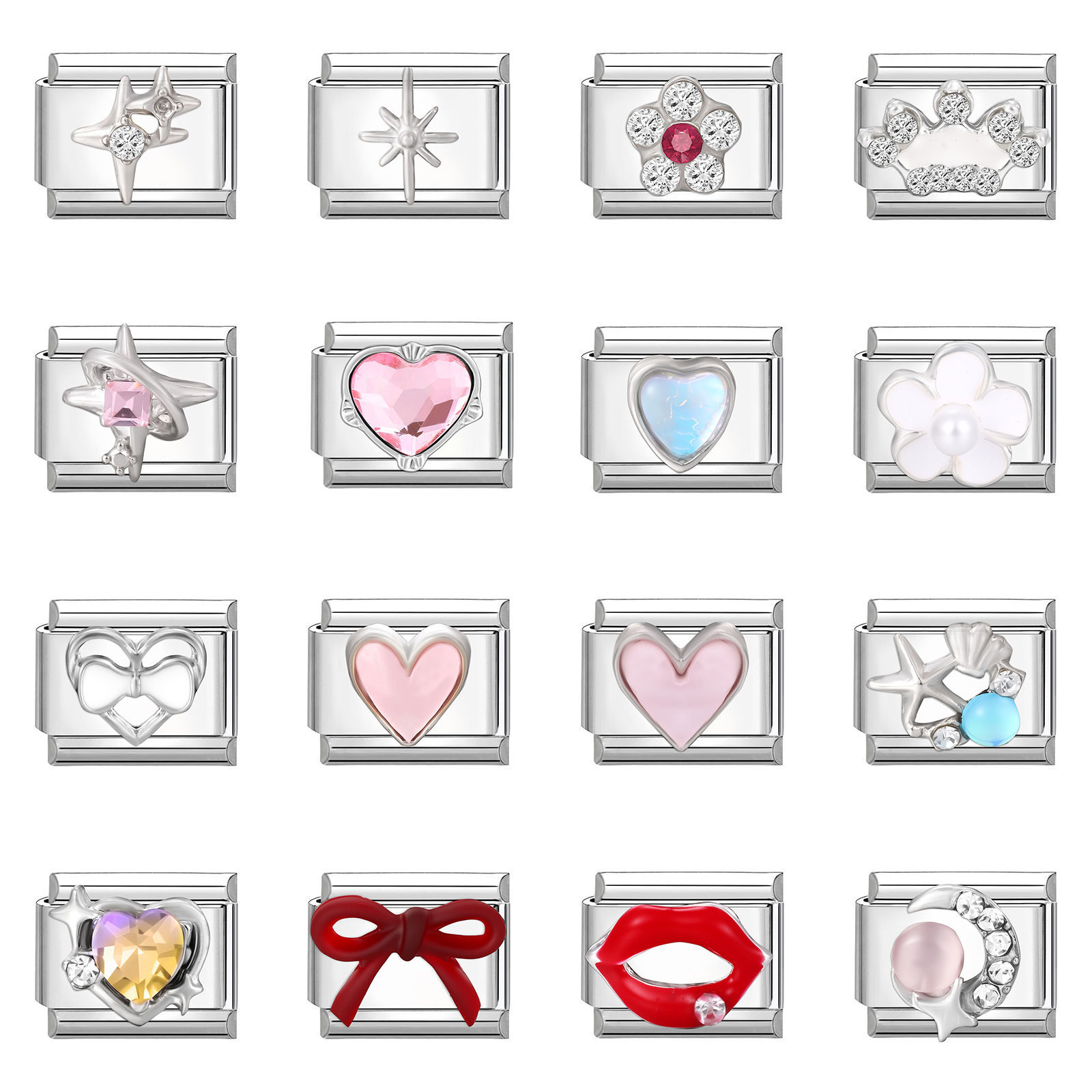 Picture of 304 Stainless Steel Stylish Italian Charm Links For DIY Bracelet Jewelry Making Silver Tone Rectangle Heart 10mm x 9mm